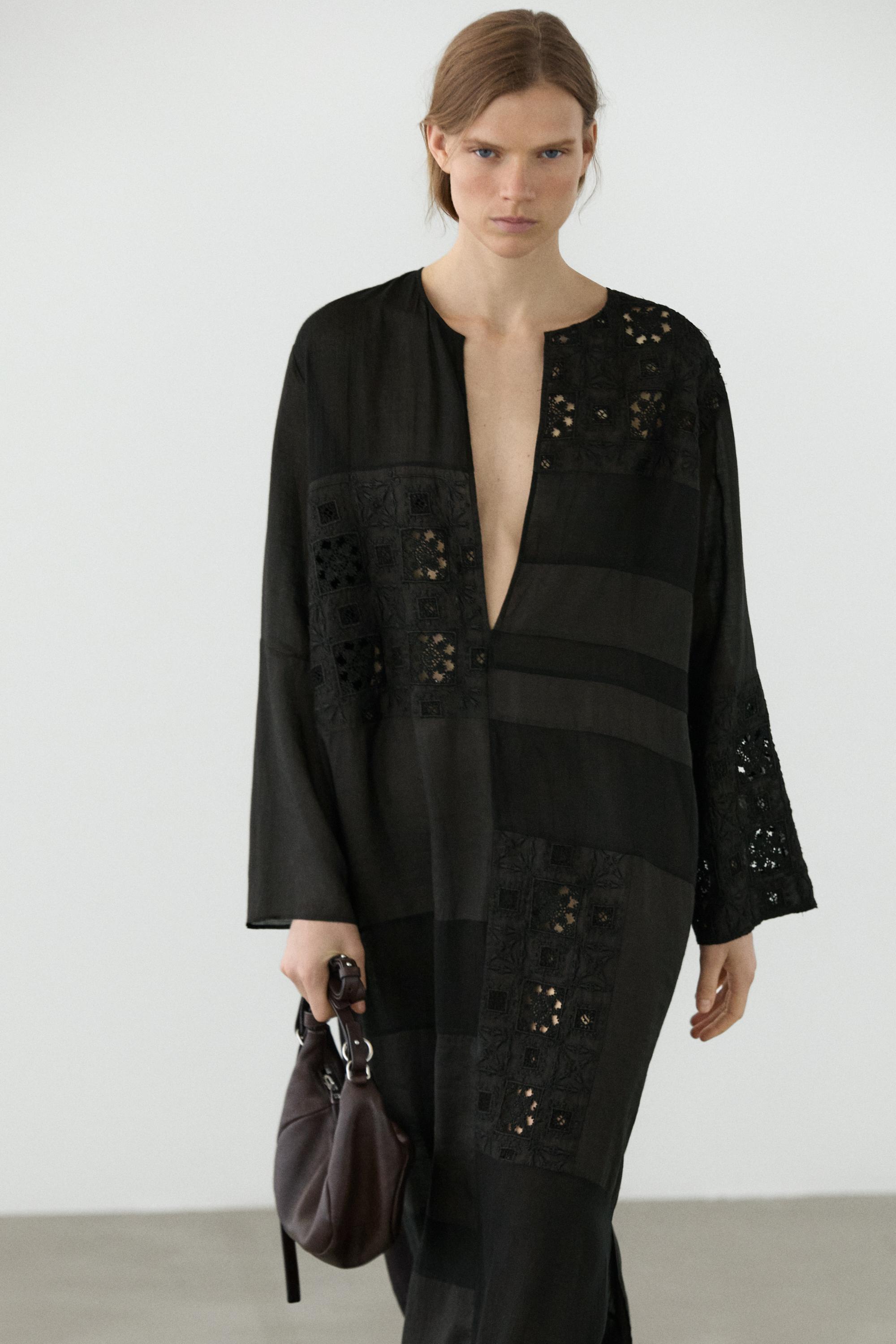 Flowing embroidered kaftan dress Black