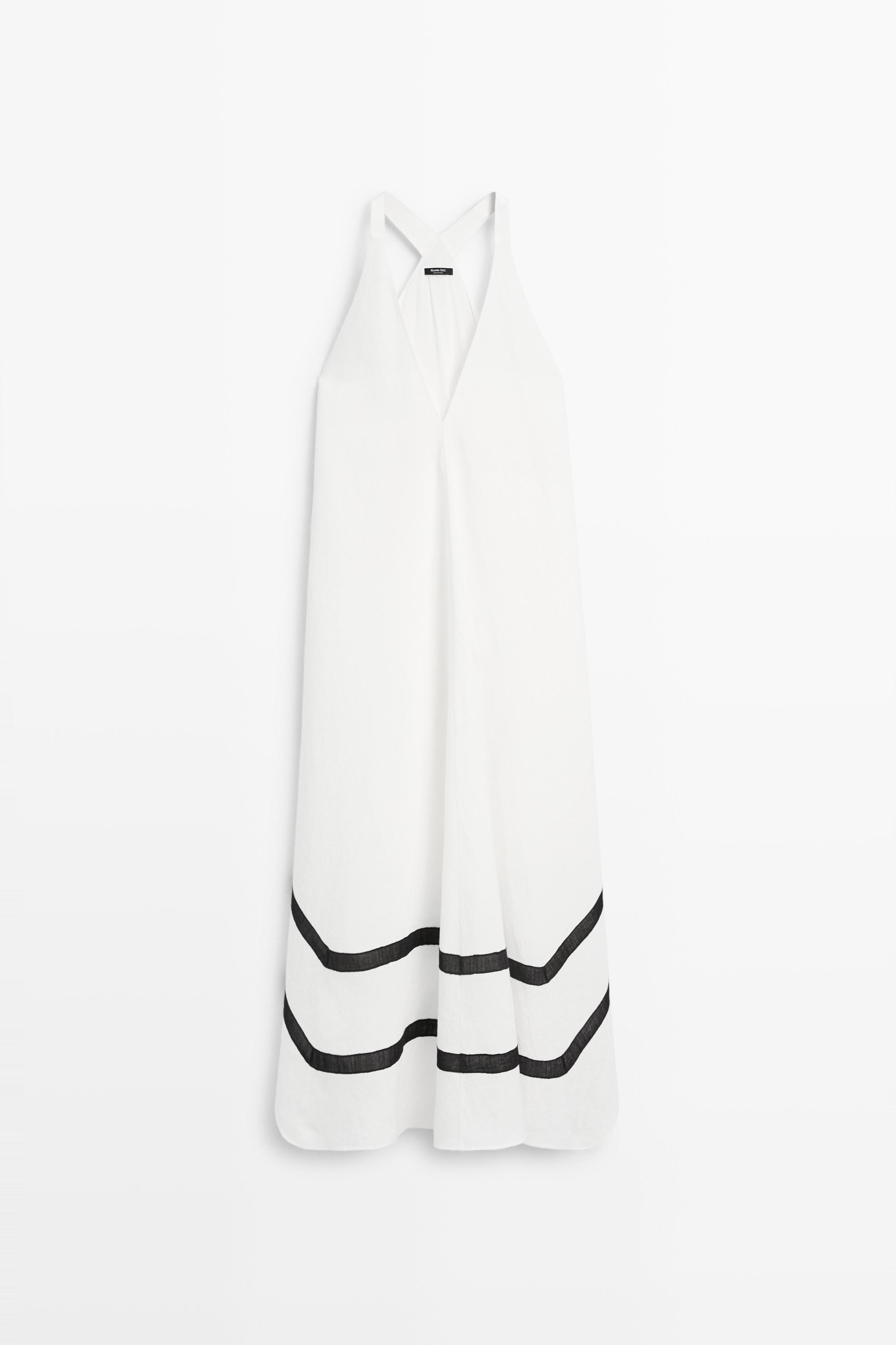 Linen blend midi dress with contrast stripe detail White