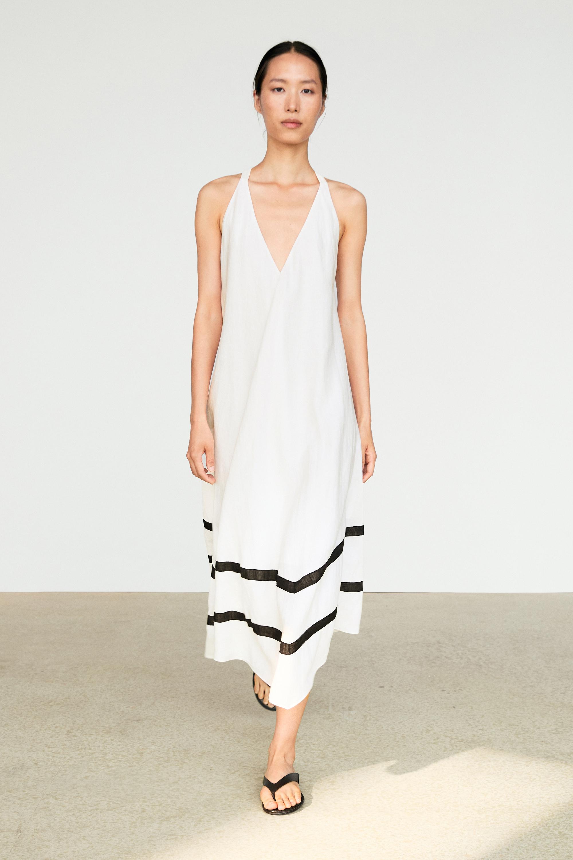 Linen blend midi dress with contrast stripe detail White