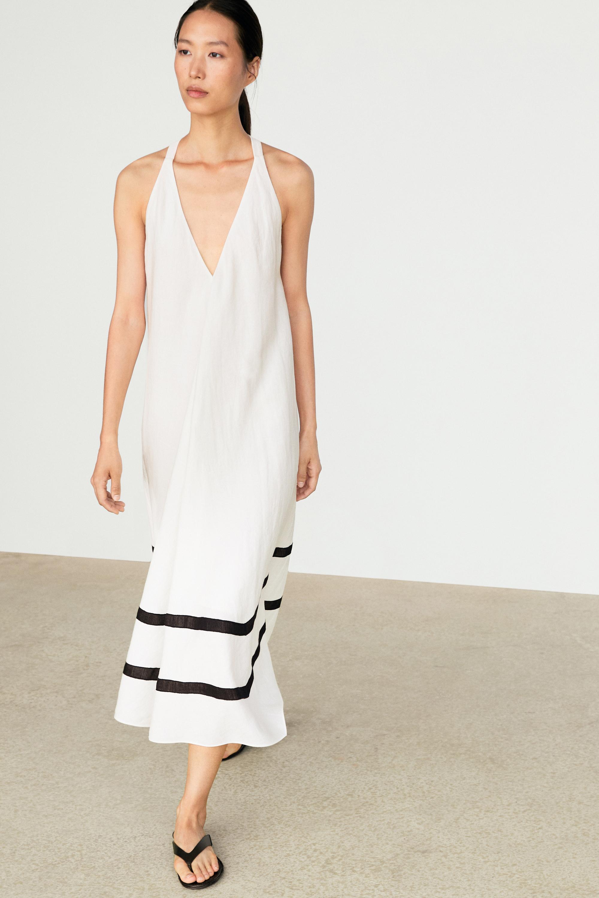 Linen blend midi dress with contrast stripe detail White