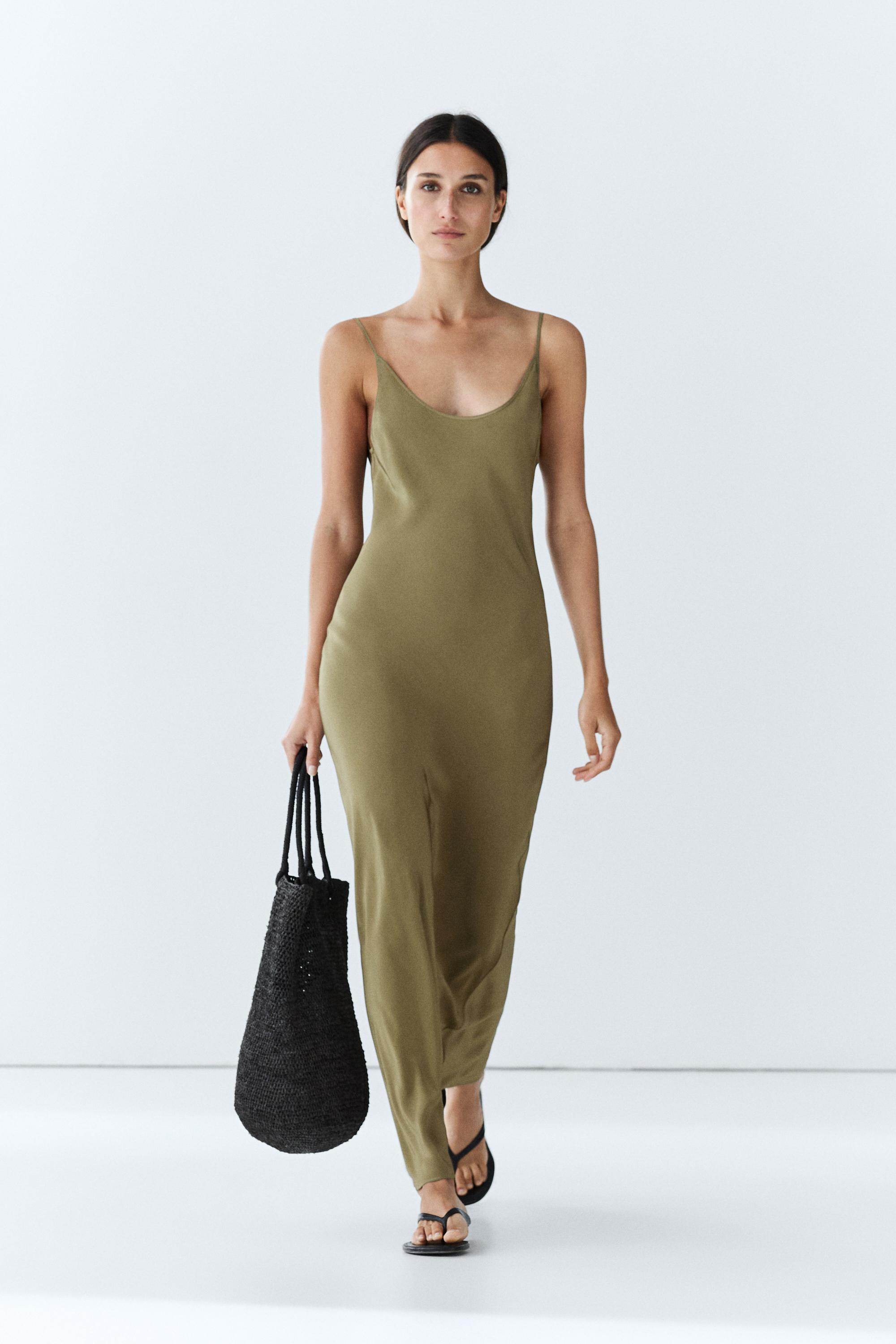 Spaghetti strap lingerie midi dress Green