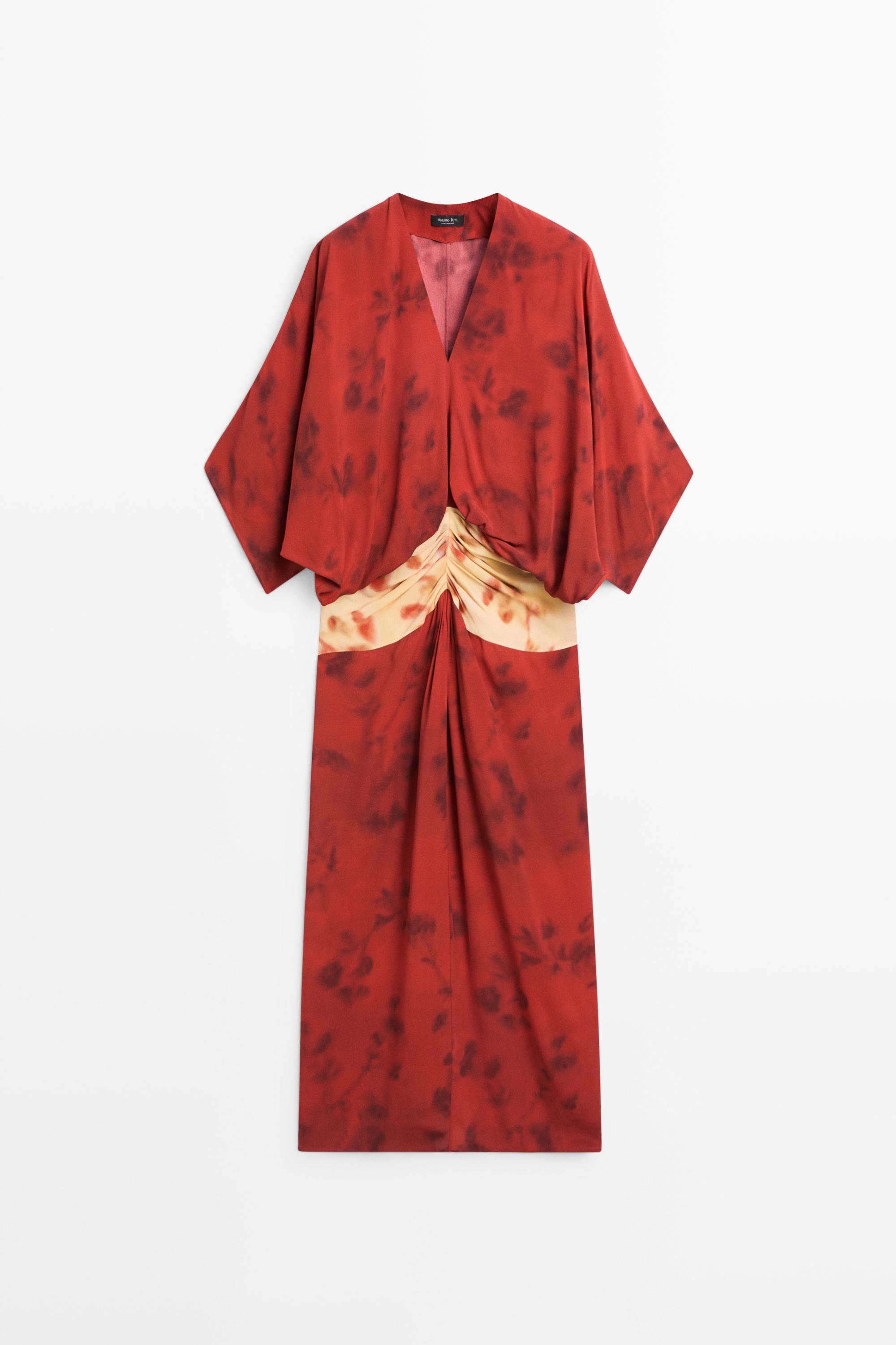 Printed flowing dress with sash detail Bright Red