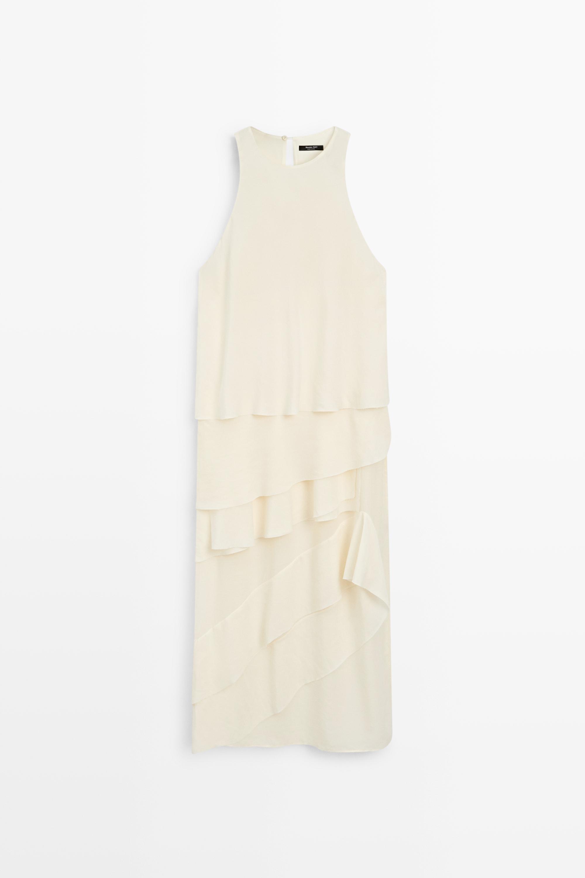 Flowing midi dress with ruffles Cream