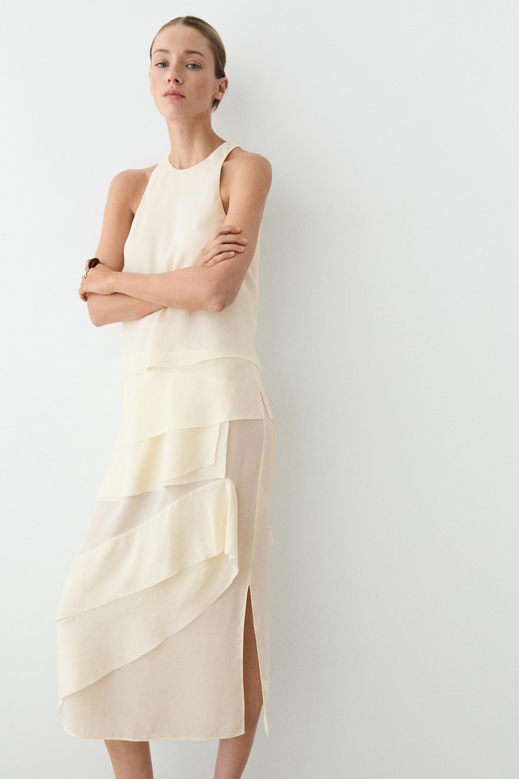 Flowing midi dress with ruffles Cream