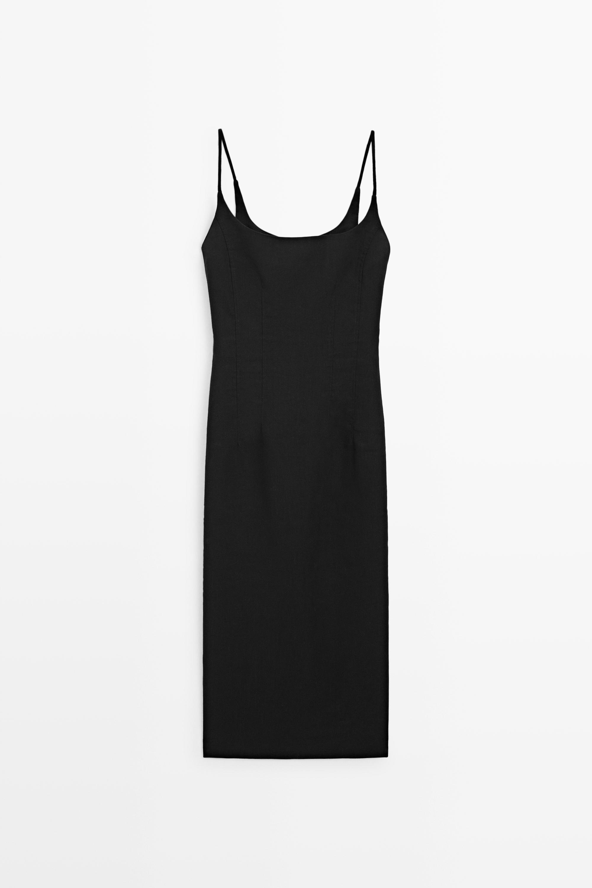 Linen-blend thin strap midi dress Black