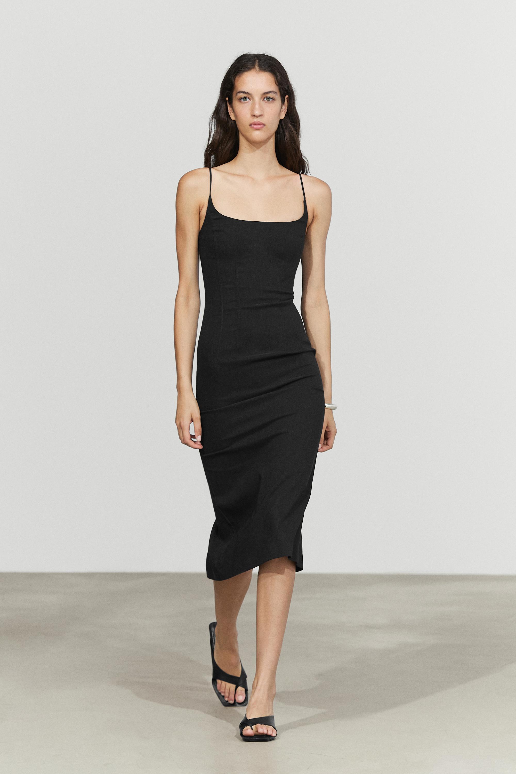 Linen-blend thin strap midi dress Black