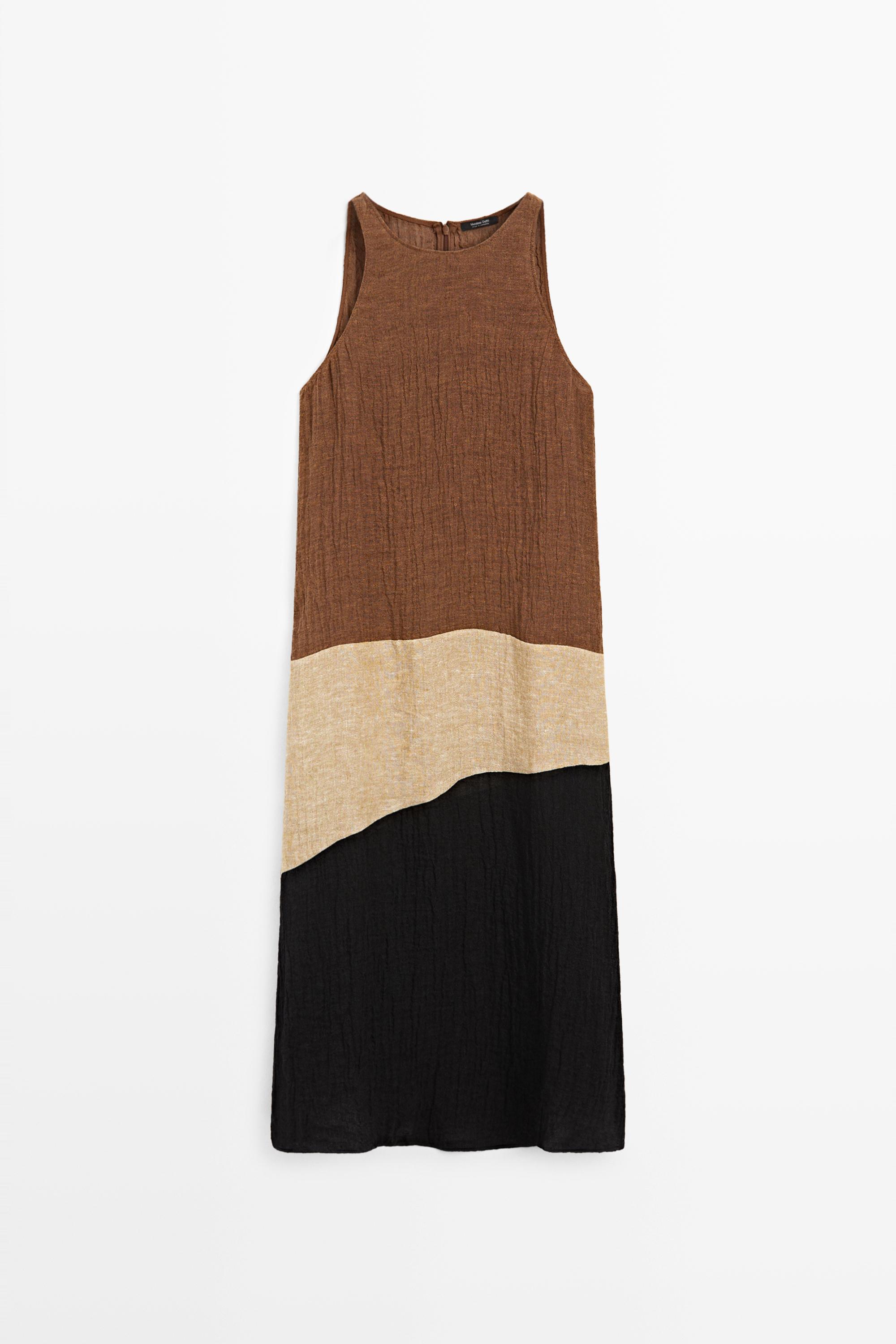 Combined linen blend midi dress Brown
