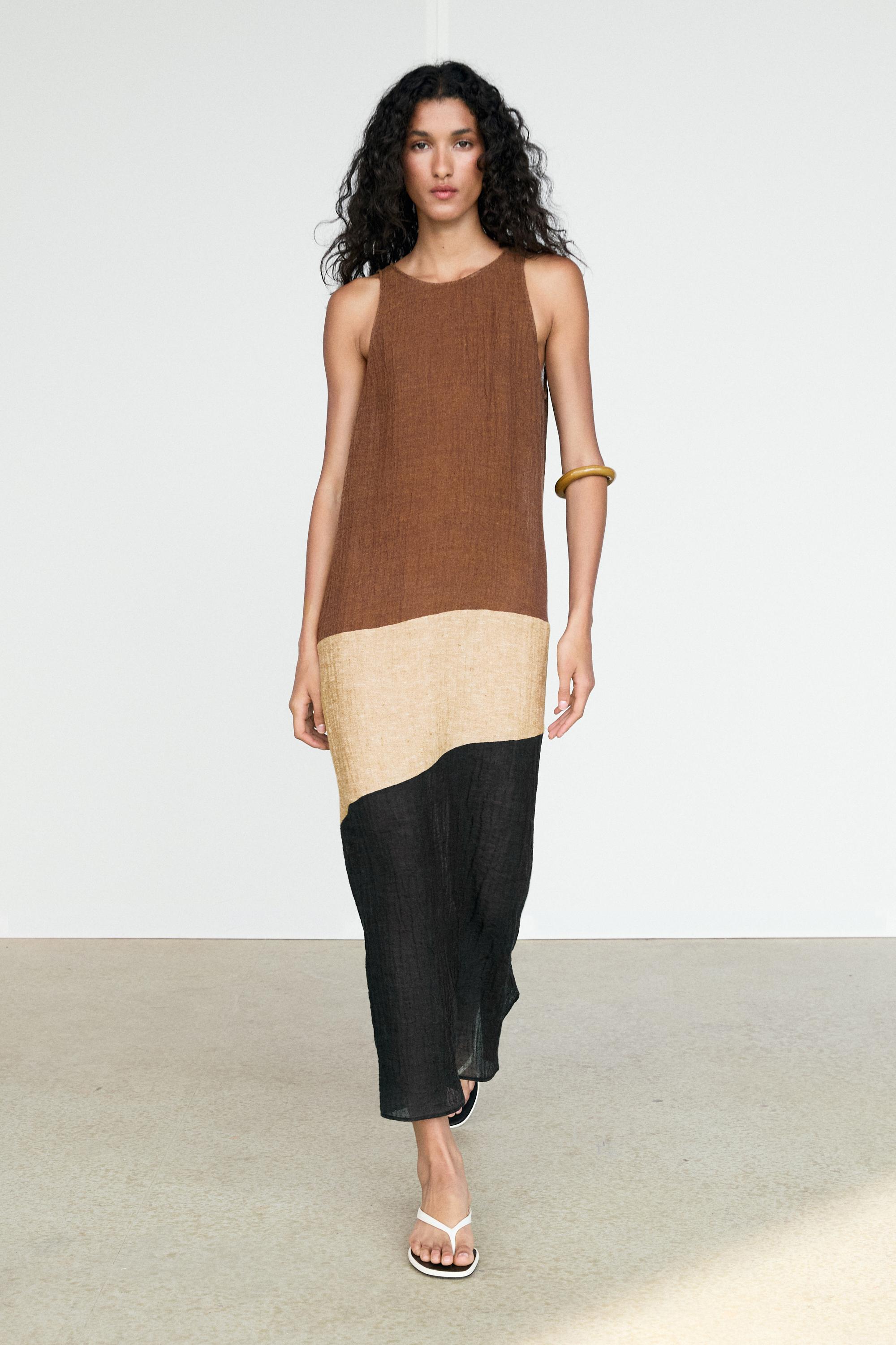 Combined linen blend midi dress Brown