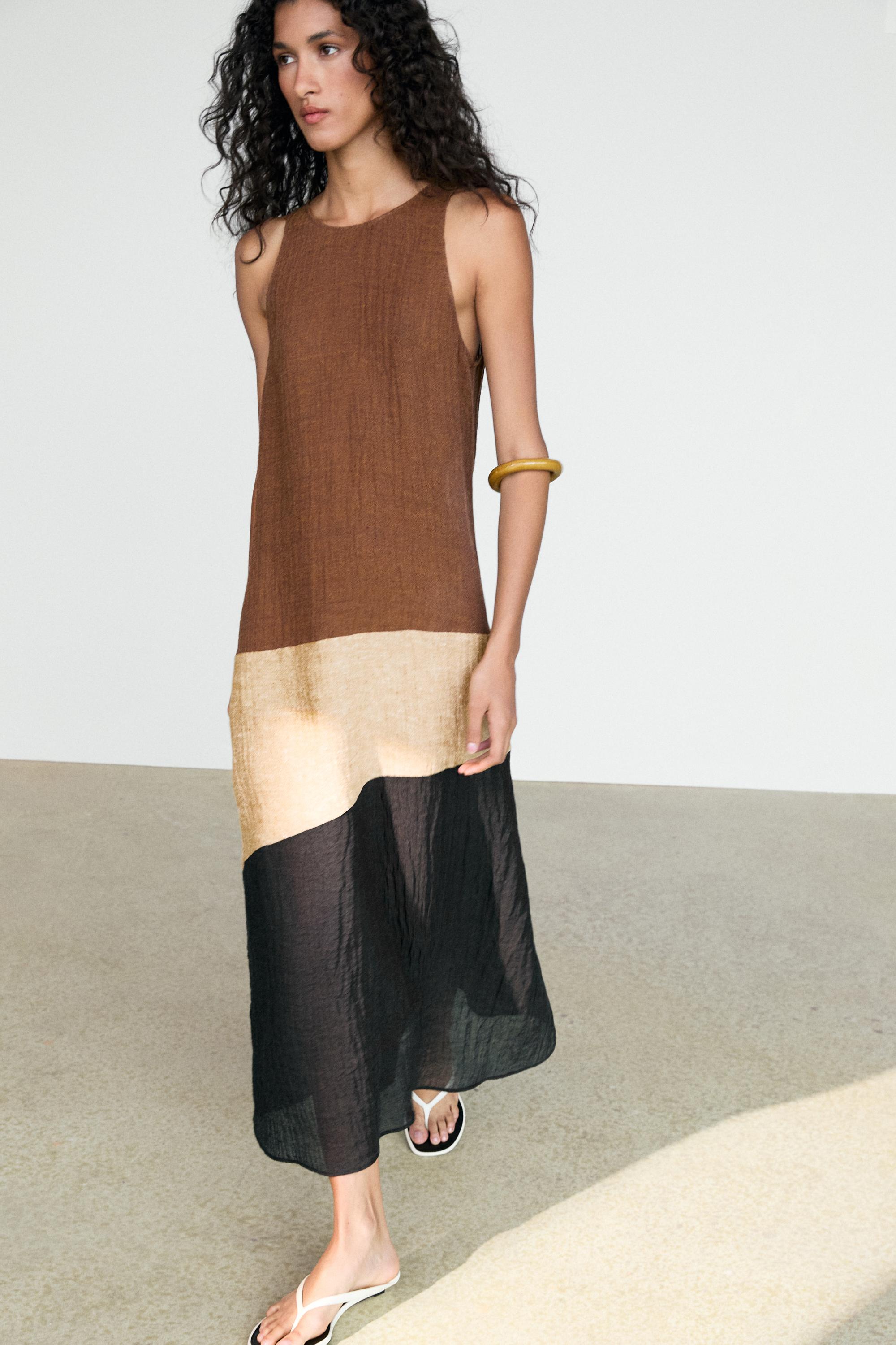 Combined linen blend midi dress Brown
