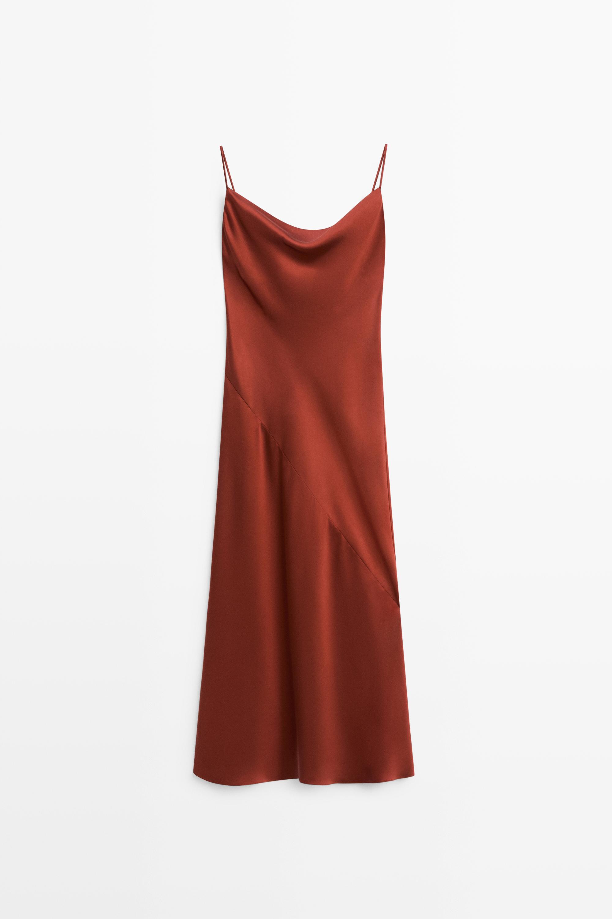 Flowing satin finish midi dress Burnt Orange