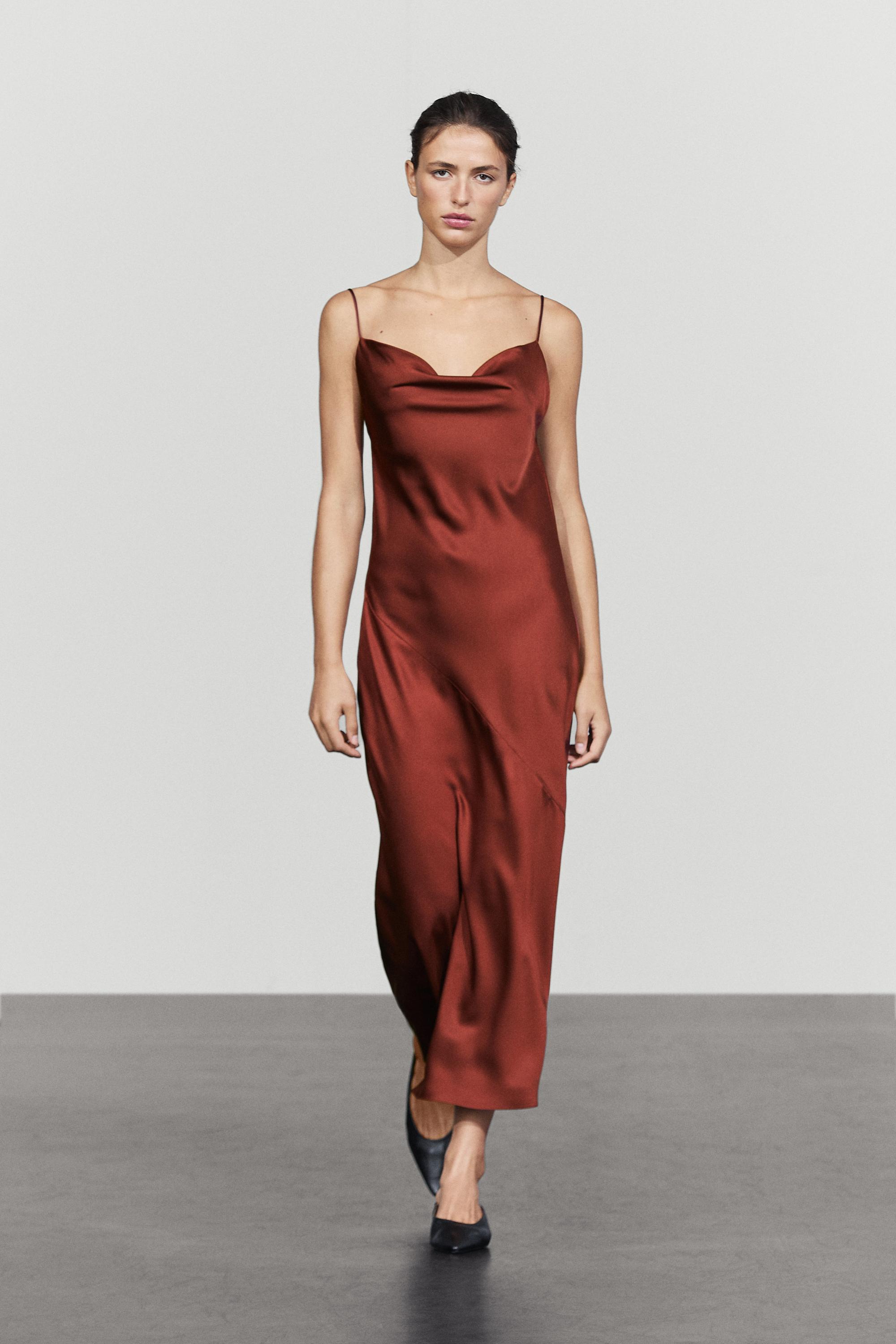 Flowing satin finish midi dress Burnt Orange