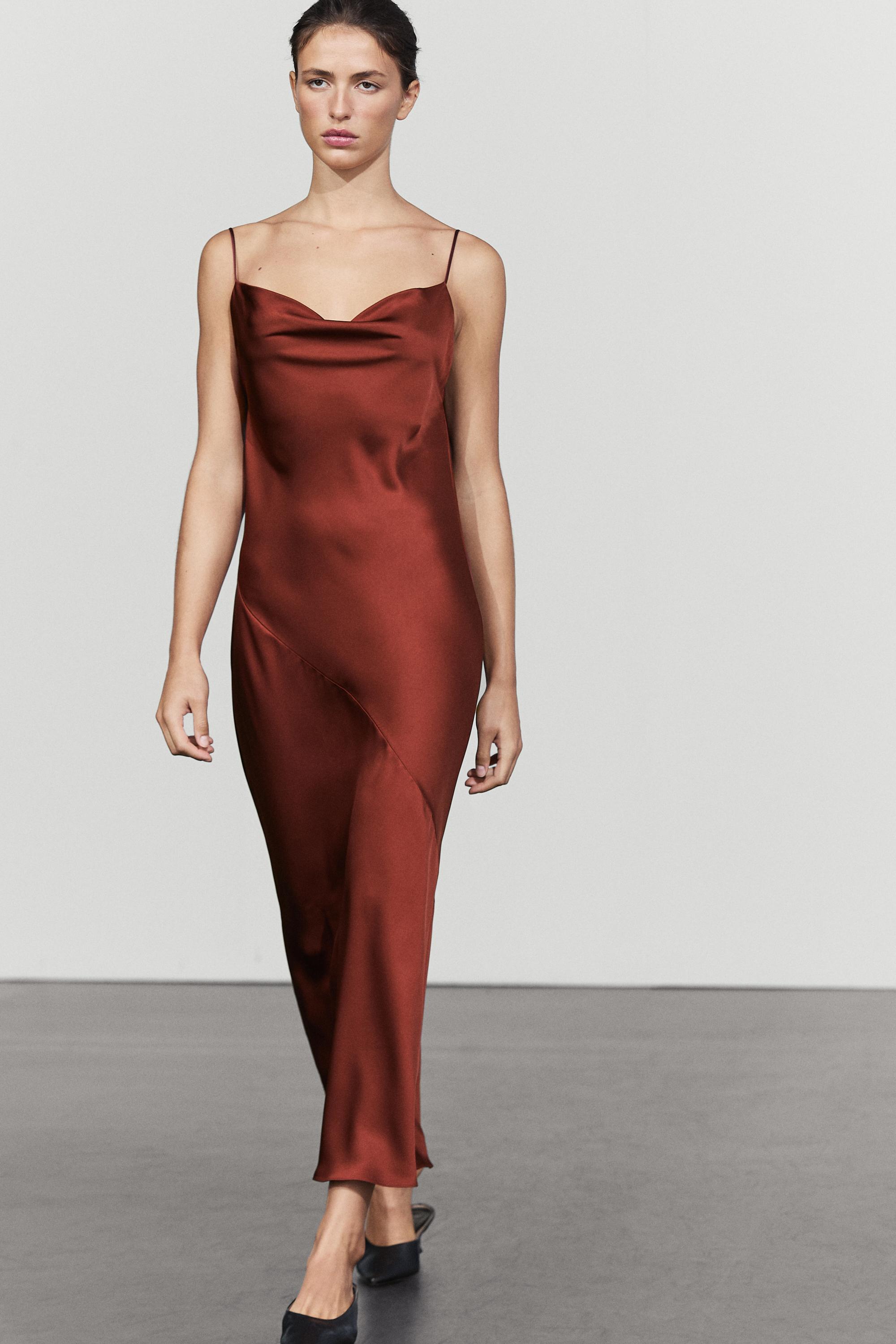 Flowing satin finish midi dress Burnt Orange