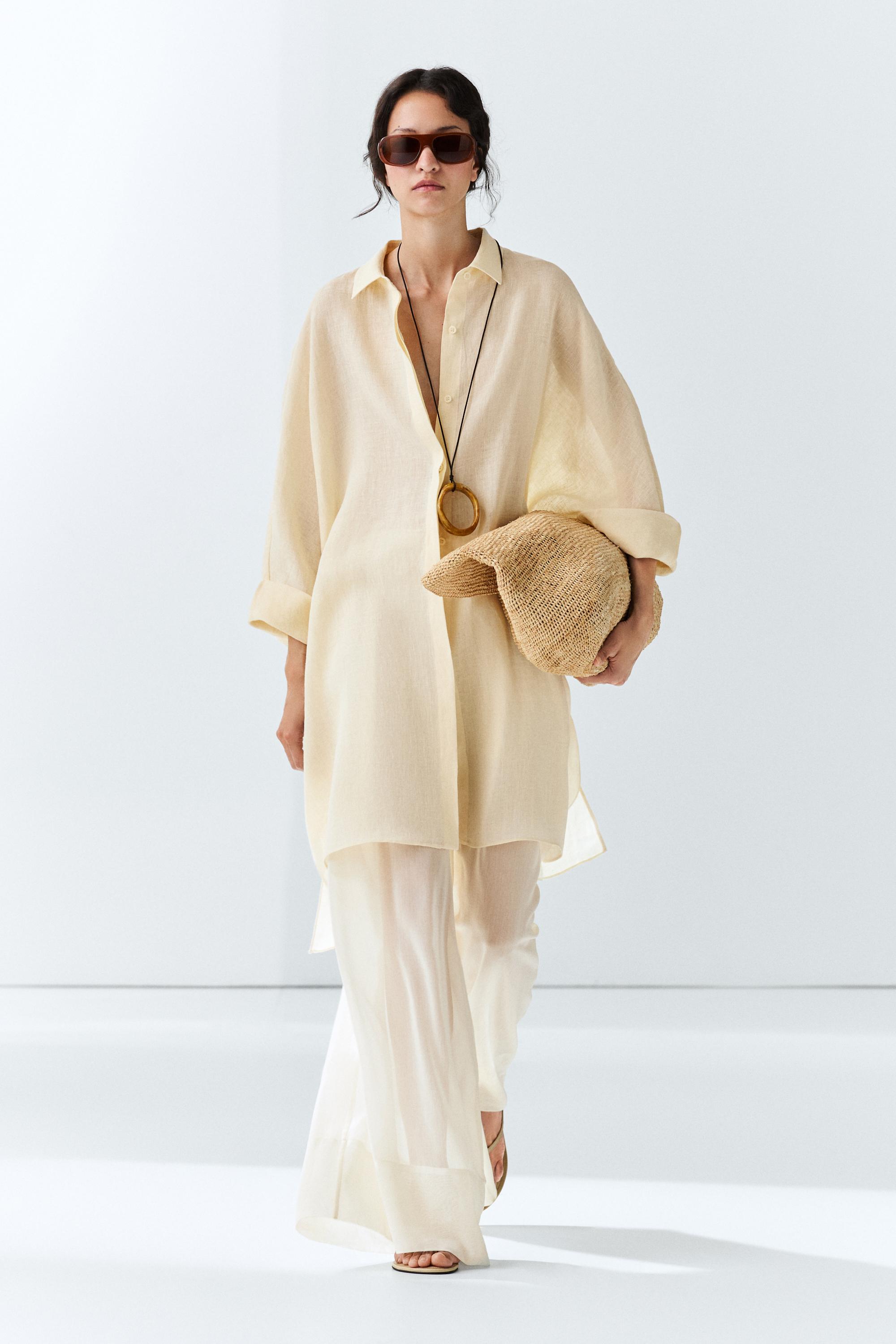 100% linen short shirt dress Pale Yellow