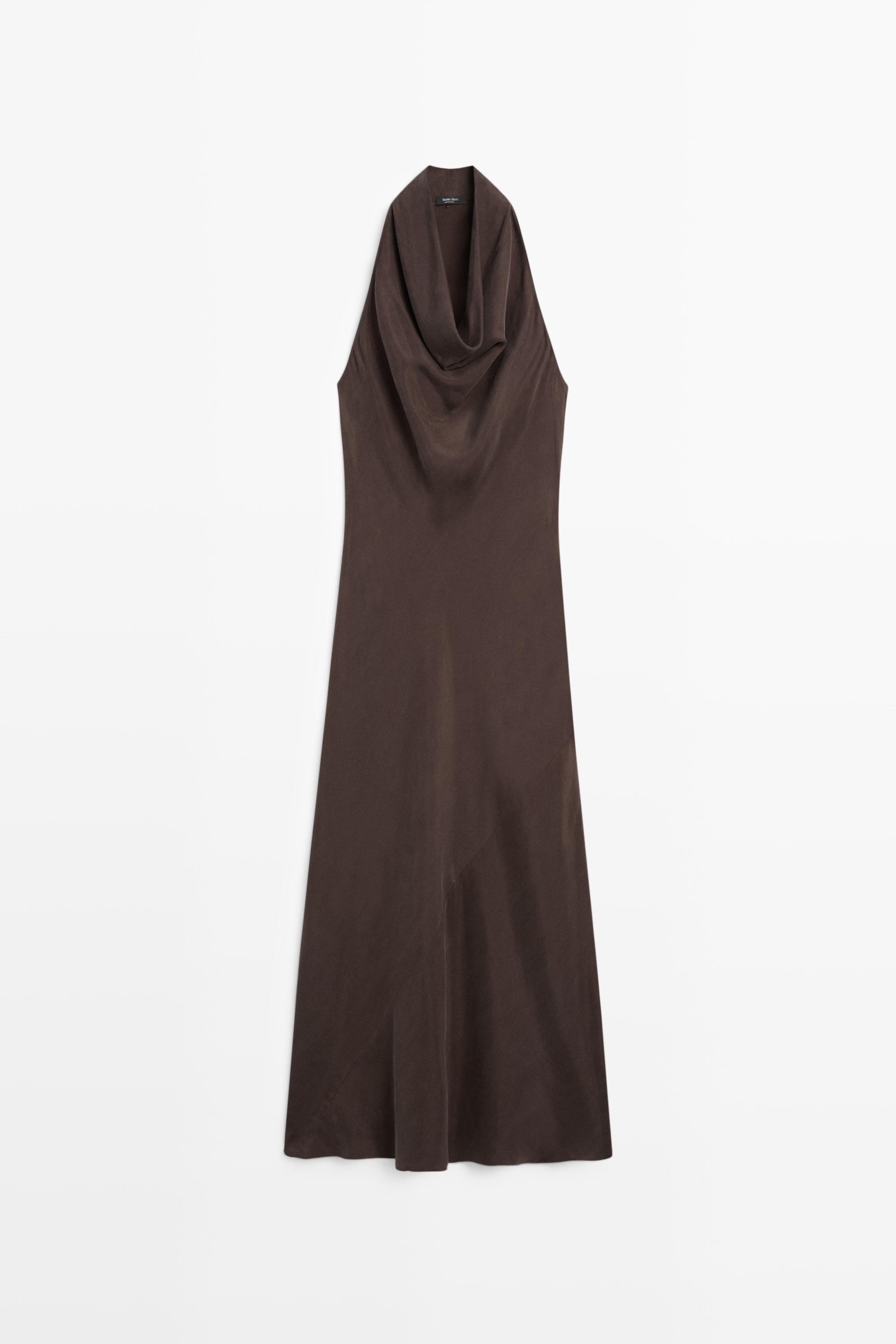 Draped neckline long dress Brown