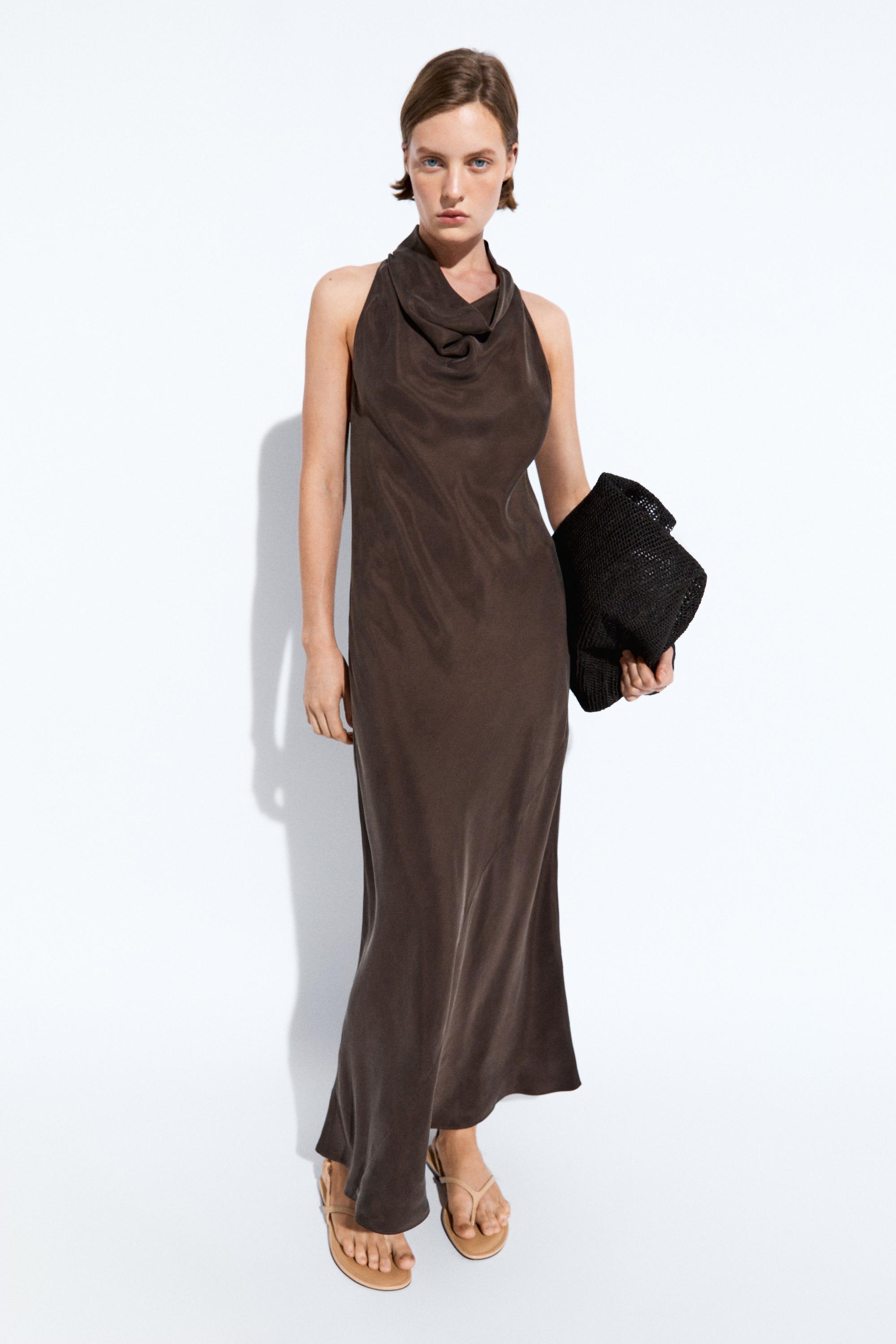 Draped neckline long dress Brown