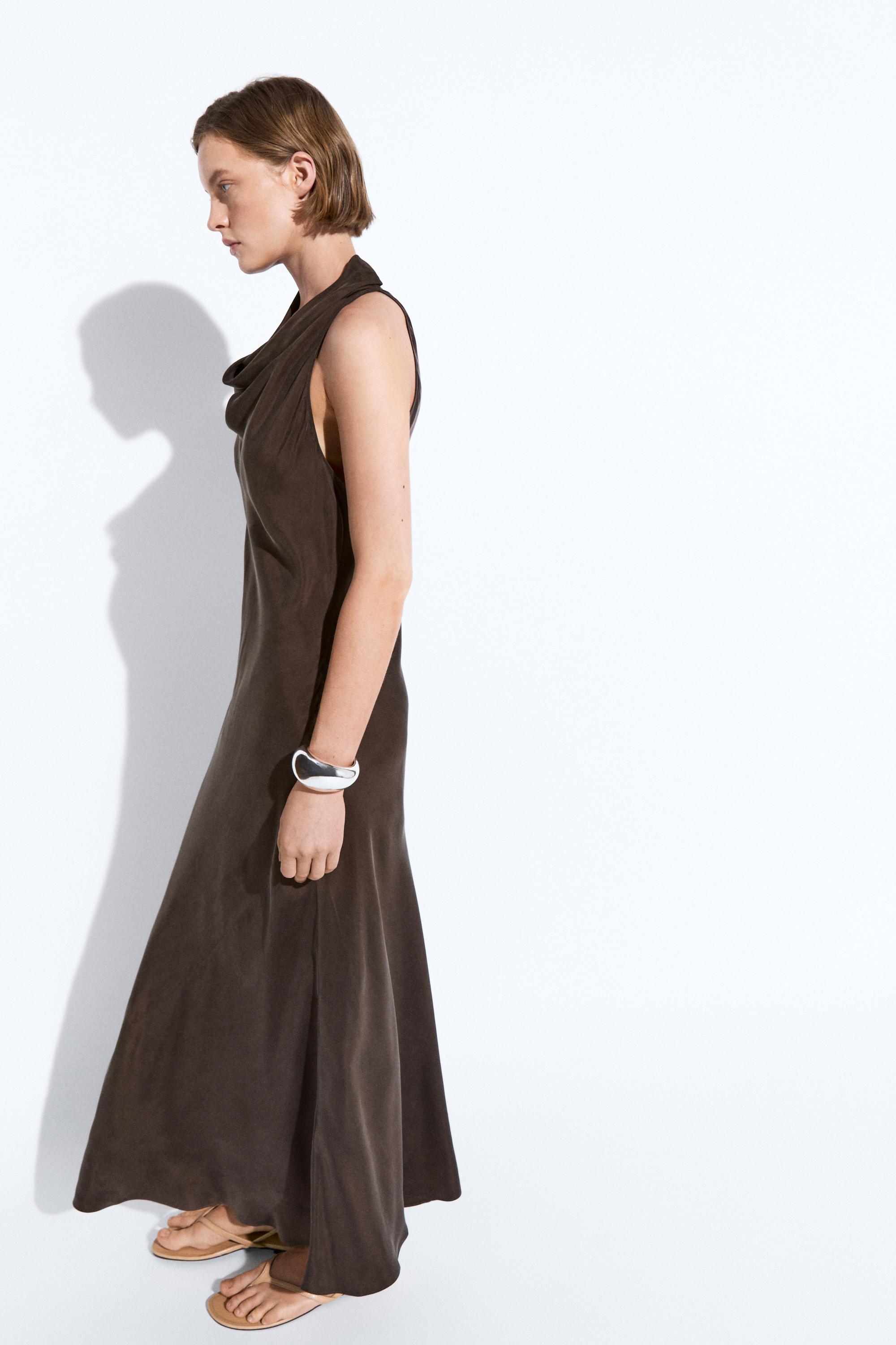 Draped neckline long dress Brown