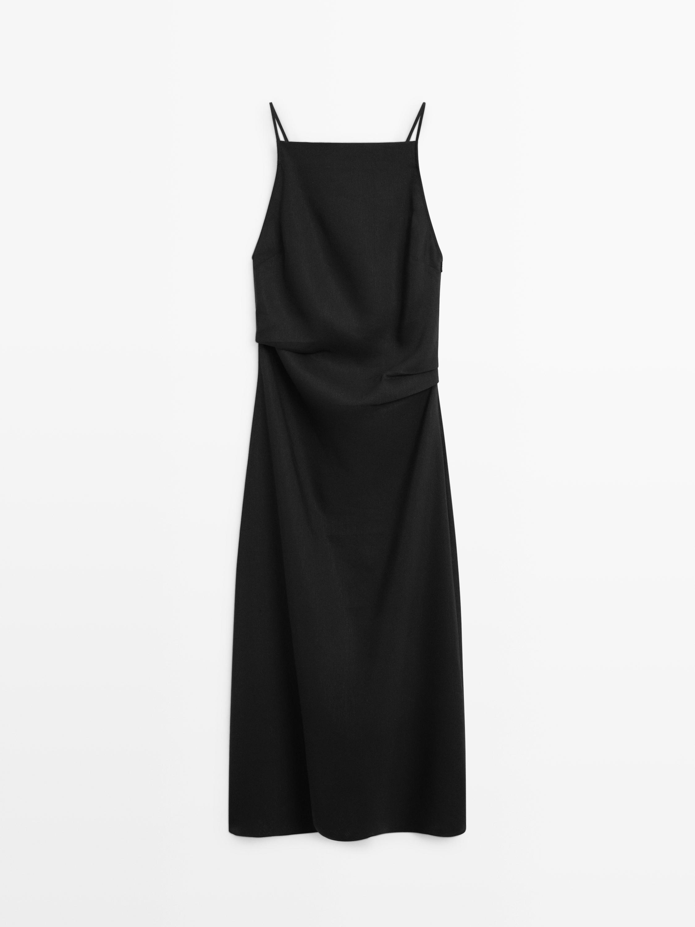 Linen blend spaghetti strap midi dress Black