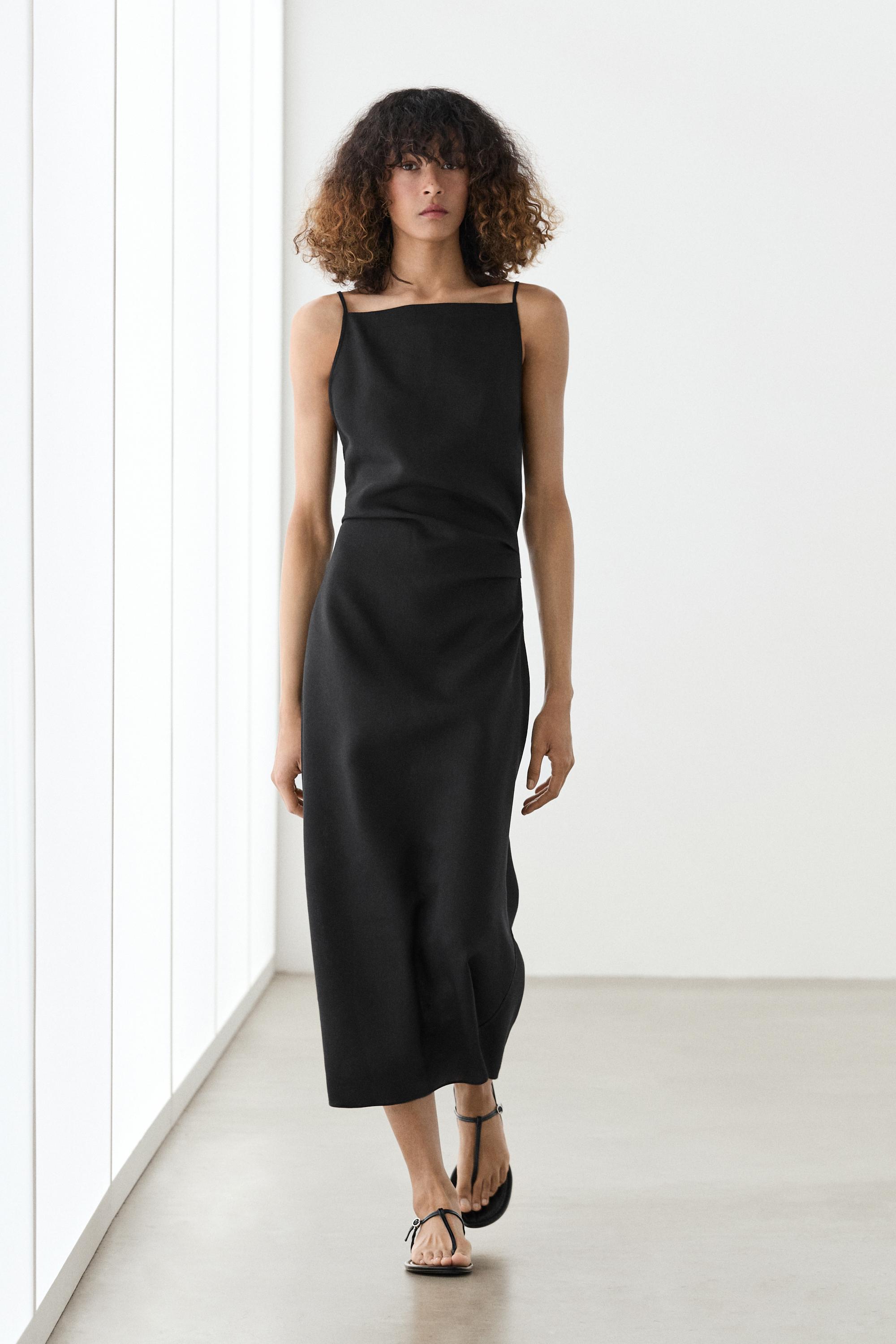 Linen blend spaghetti strap midi dress Black