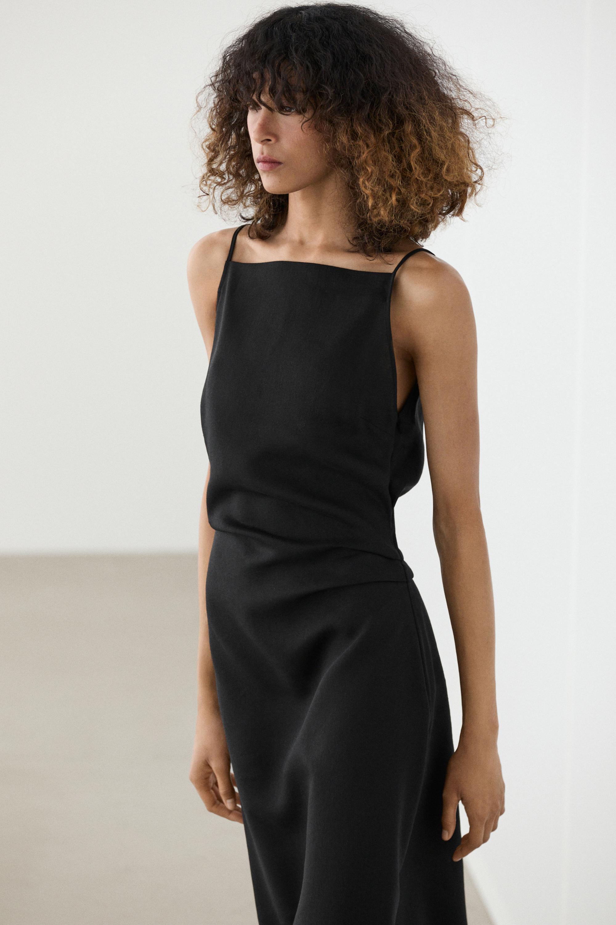 Linen blend spaghetti strap midi dress Black