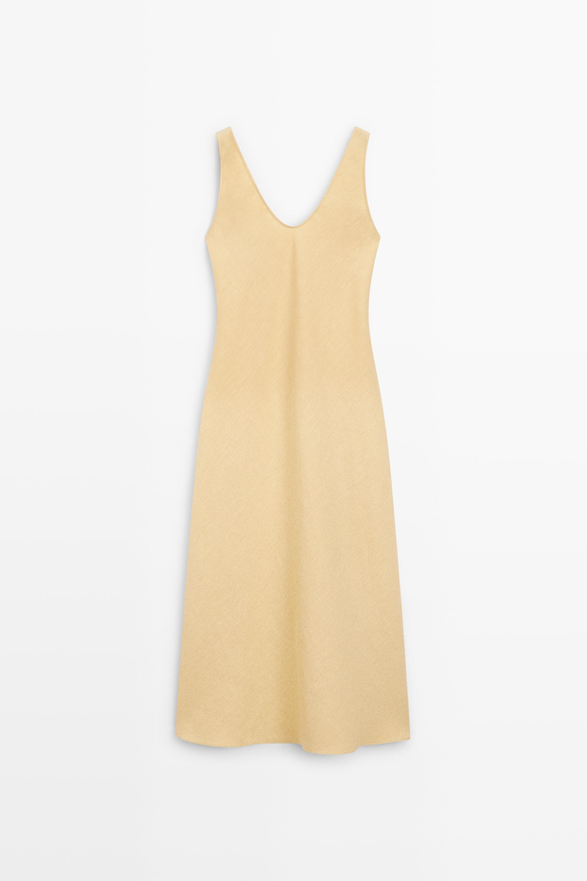 100% linen strappy midi dress Yellow