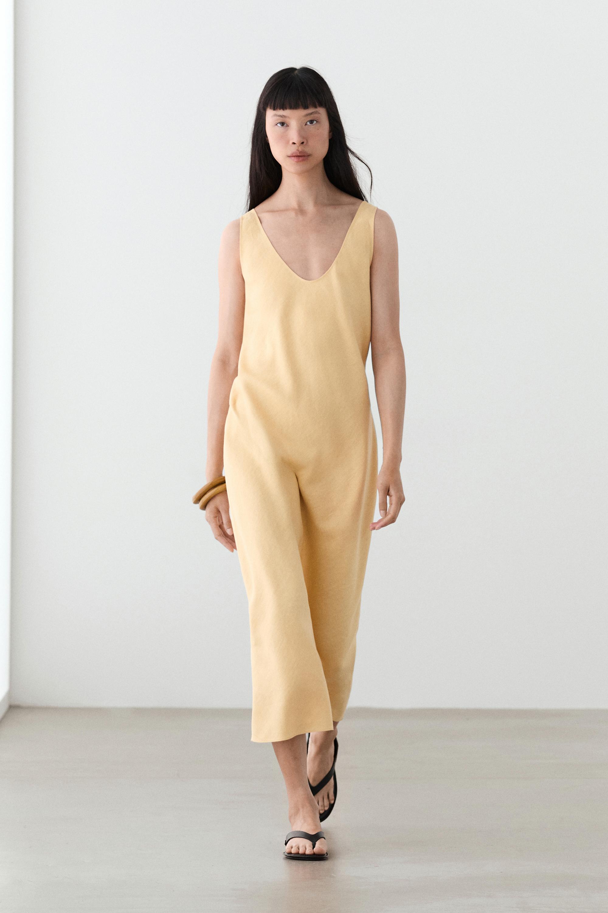 100% linen strappy midi dress Yellow