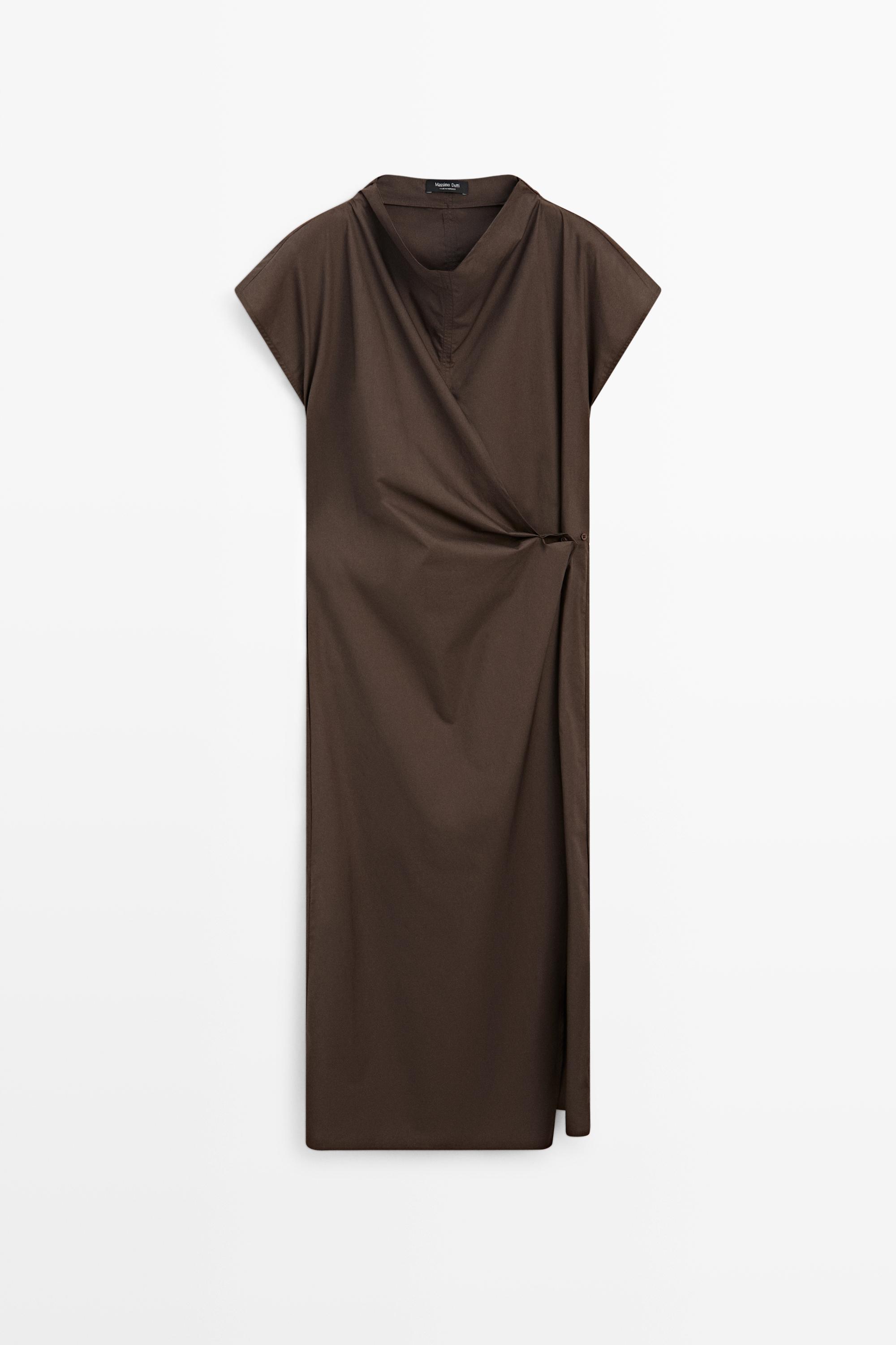100% cotton draped poplin dress Brown