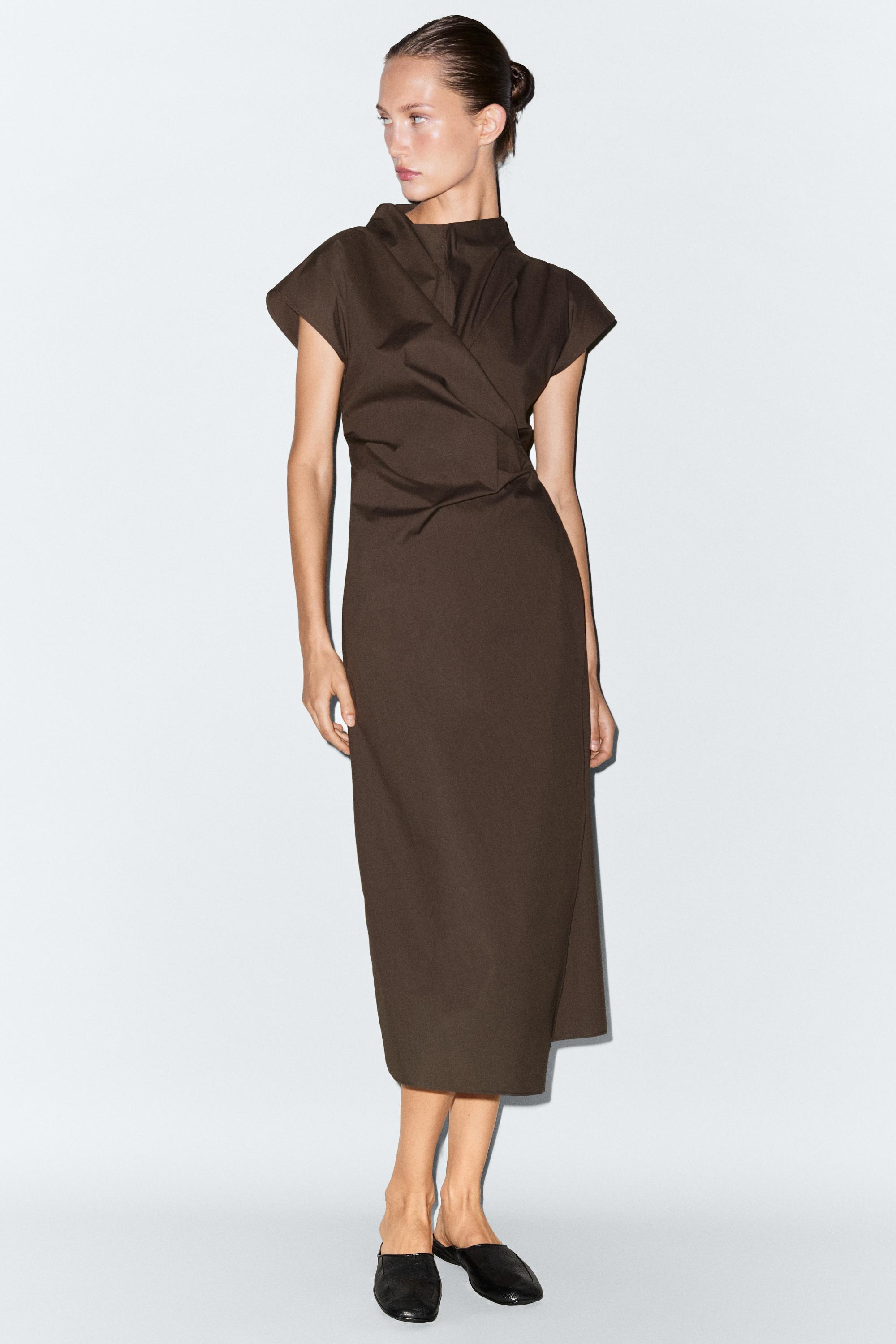 100% cotton draped poplin dress Brown