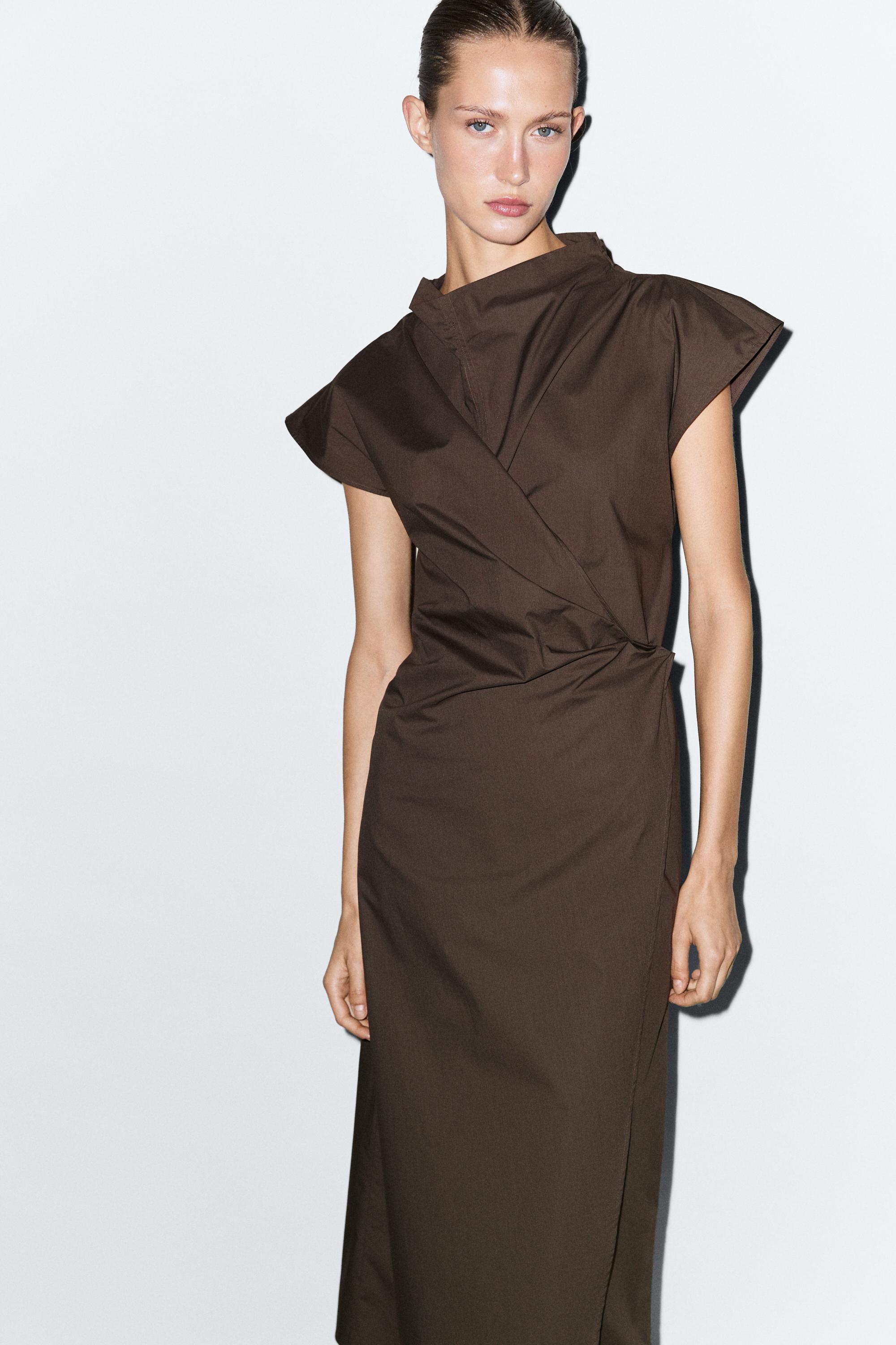100% cotton draped poplin dress Brown
