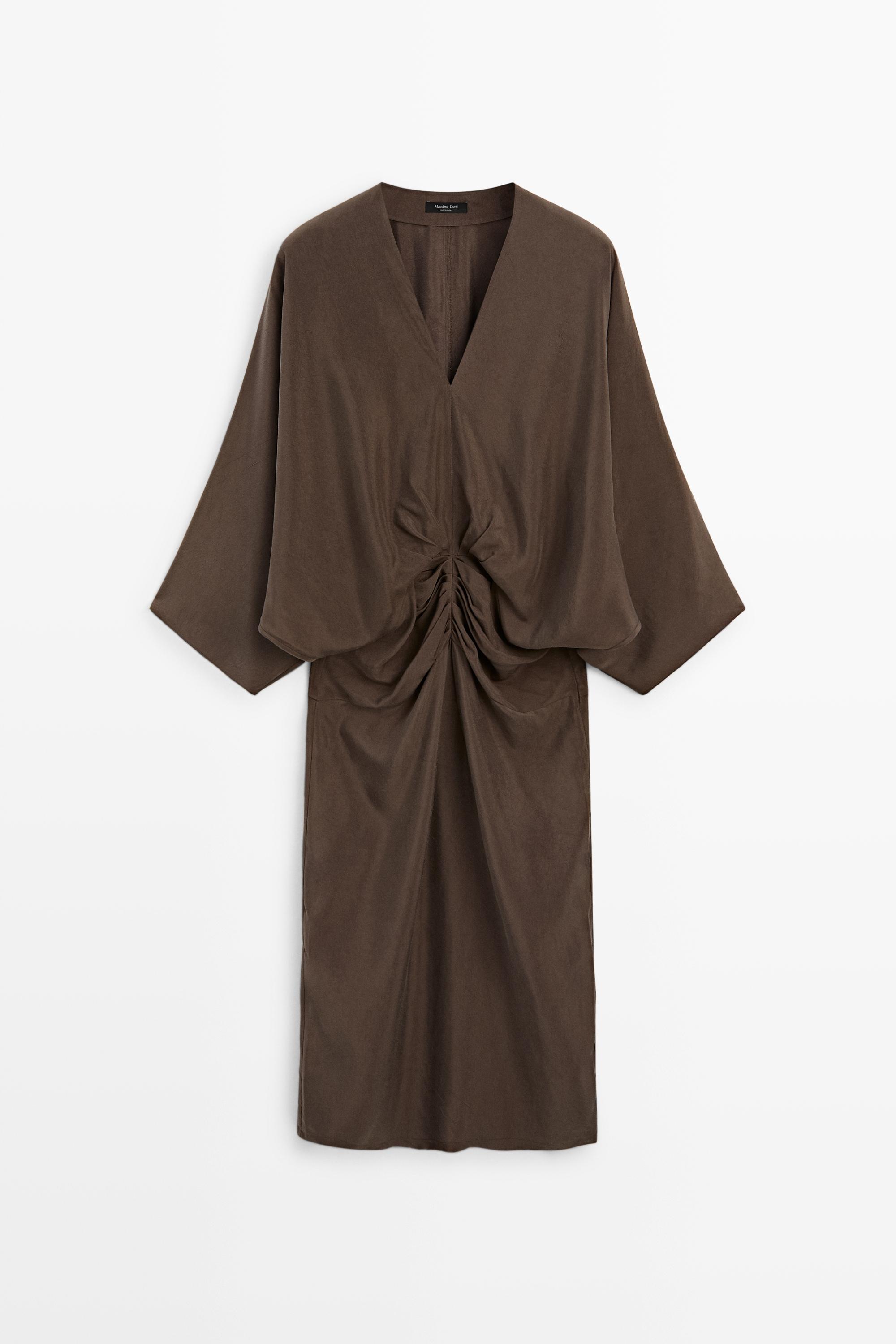 Fluid midi dress with gathered sash Chocolate