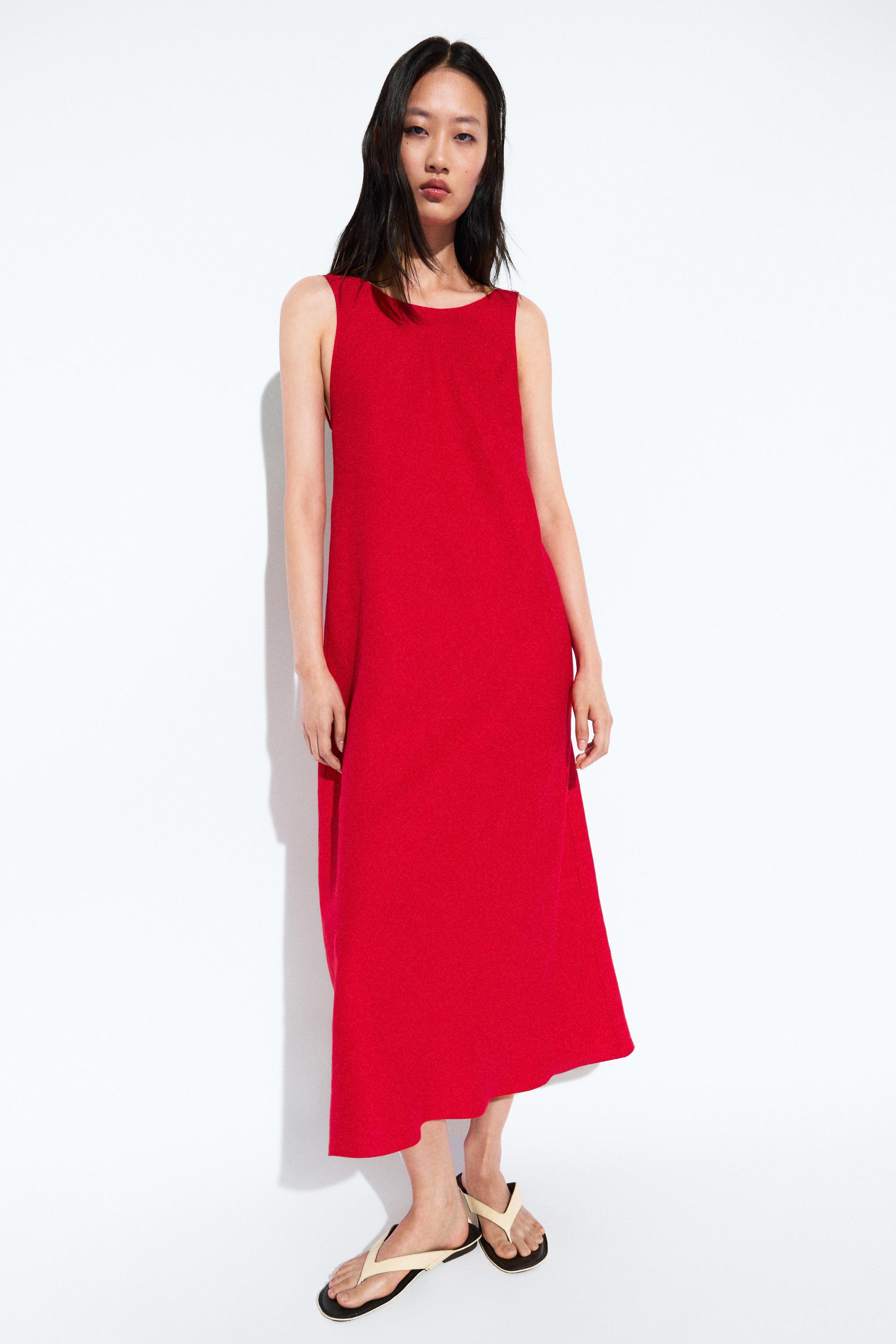 Linen midi dress with open back Red