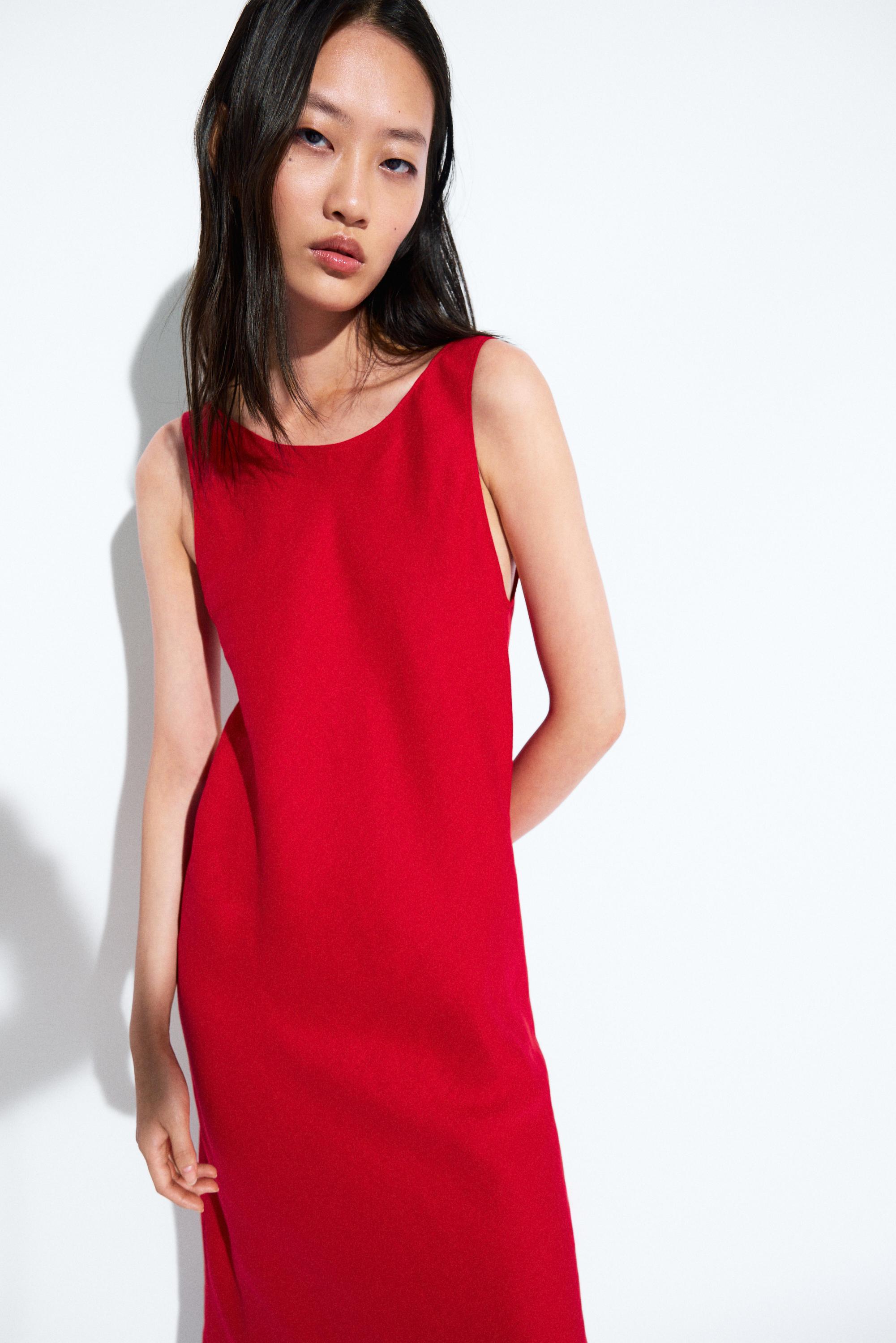 Linen midi dress with open back Red