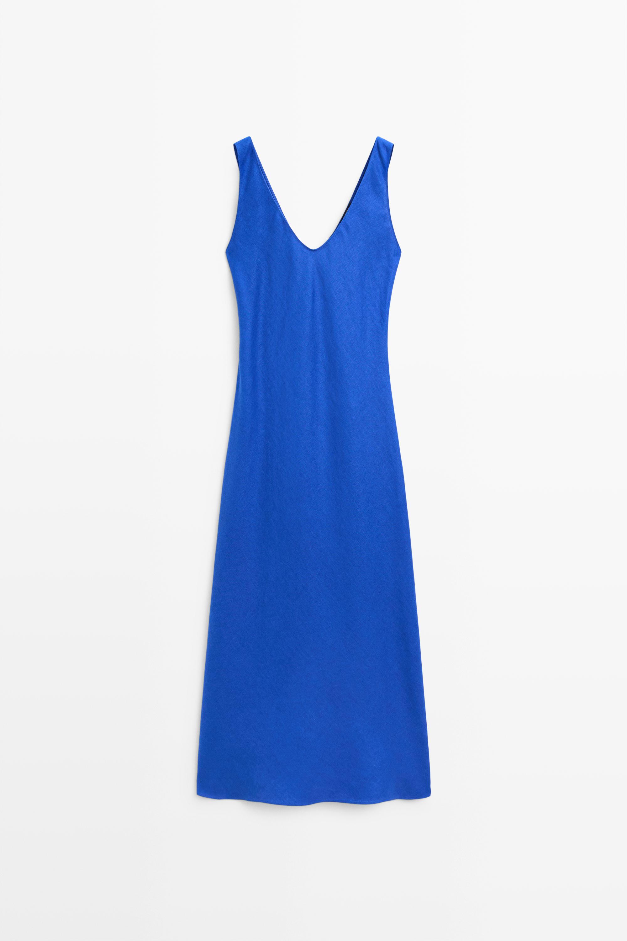 100% linen strap midi dress Electric Blue