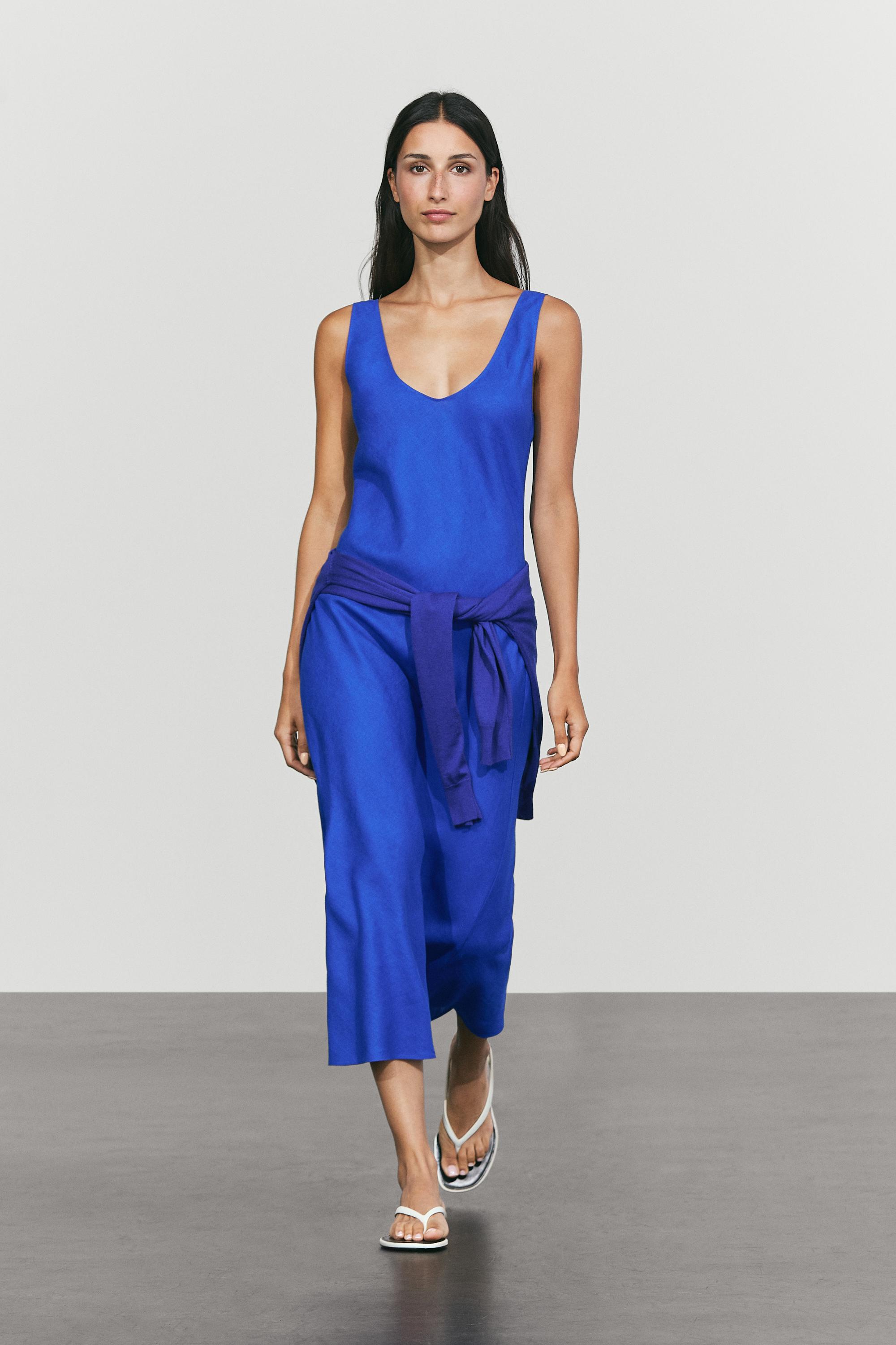 100% linen strap midi dress Electric Blue