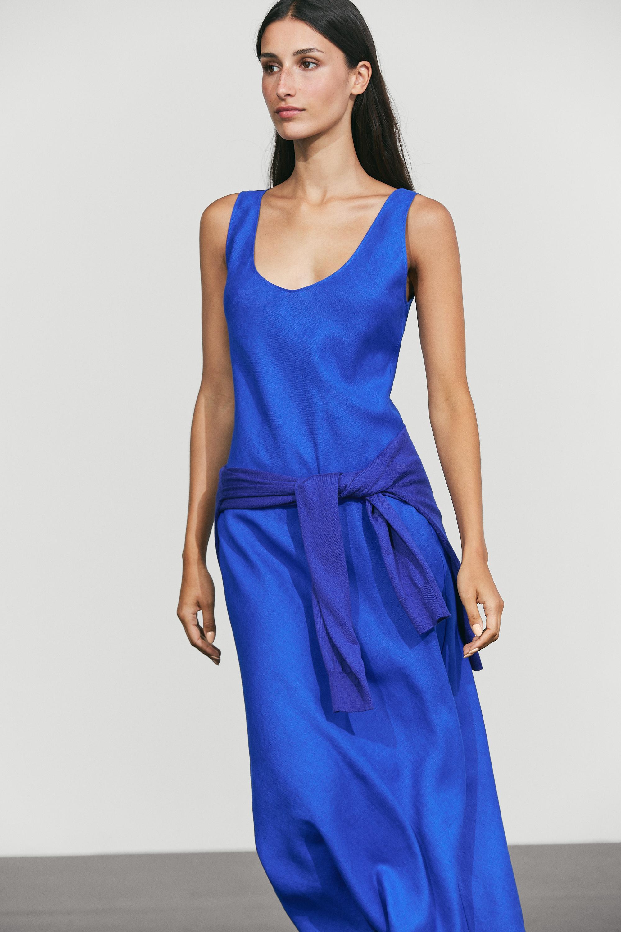 100% linen strap midi dress Electric Blue