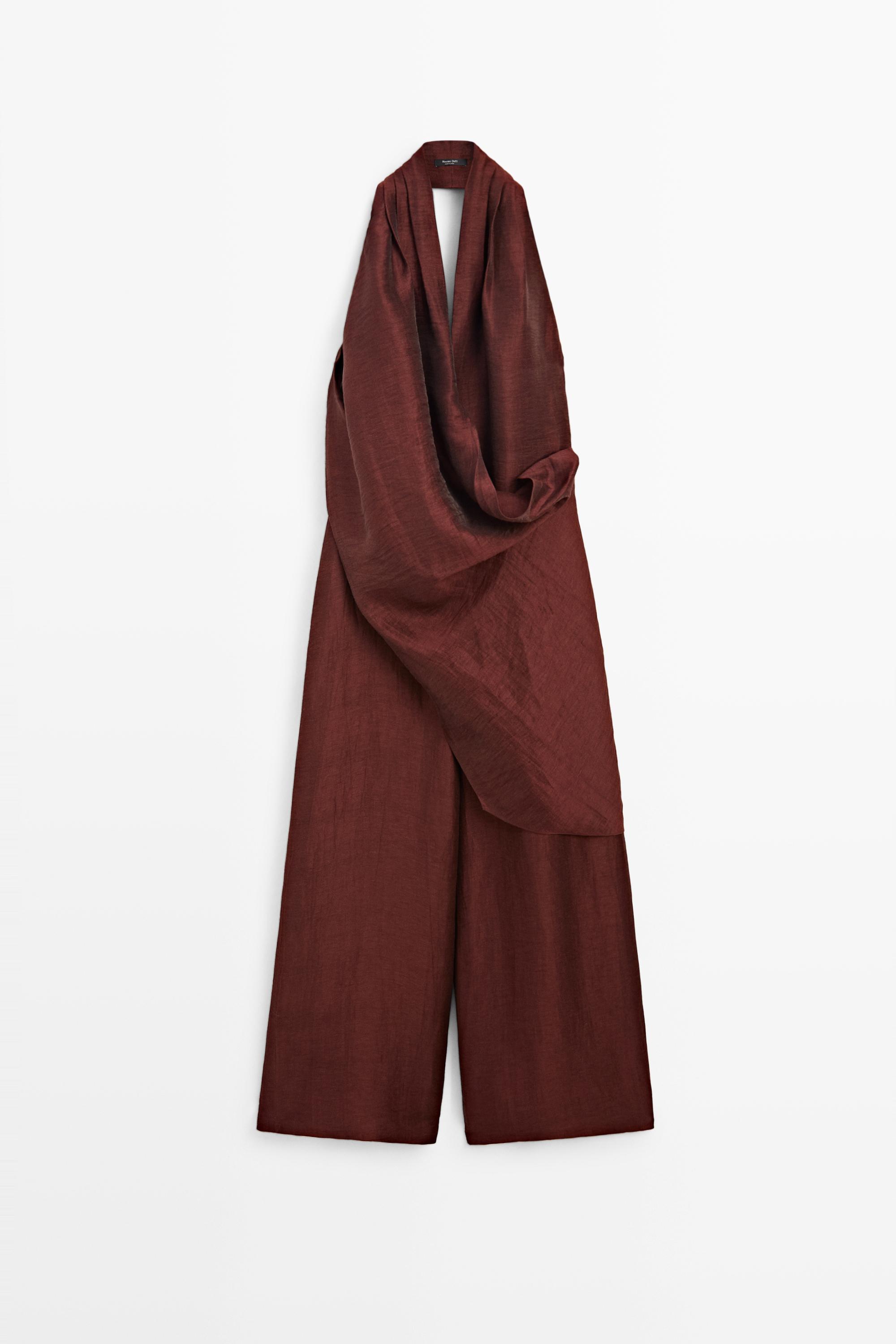 Flowing draped halter neck jumpsuit Burgundy