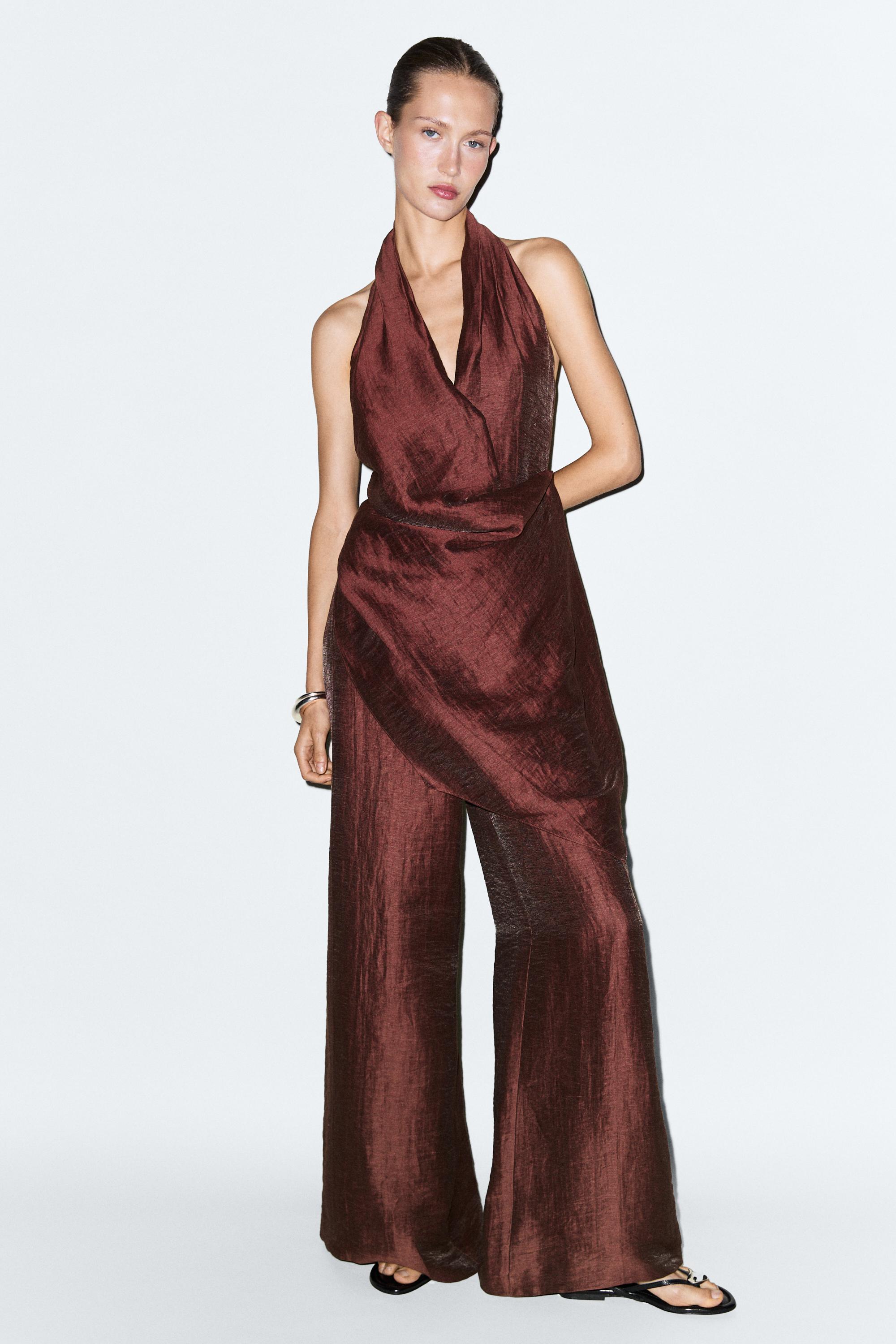 Flowing draped halter neck jumpsuit Burgundy