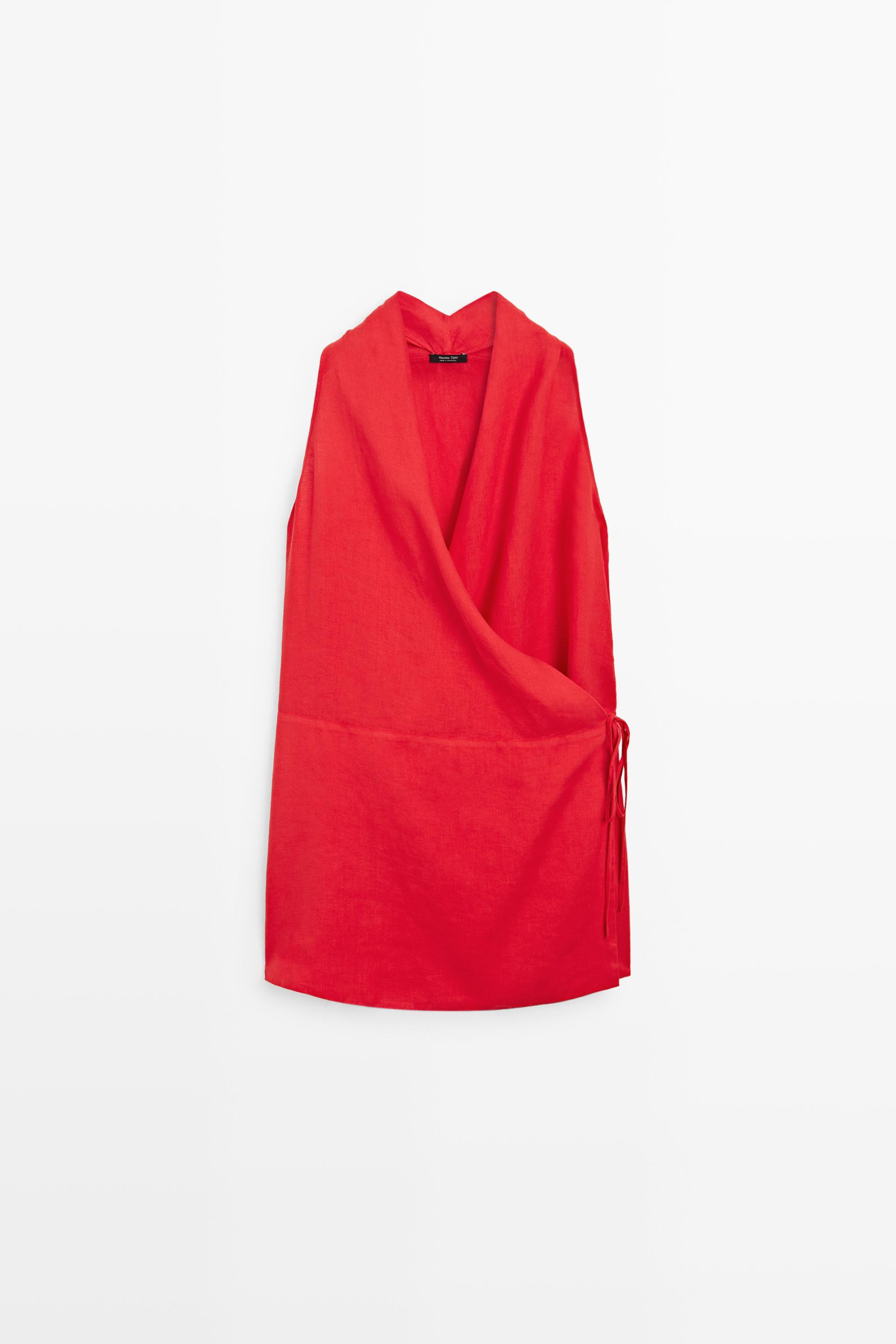 100% linen surplice mini dress Red