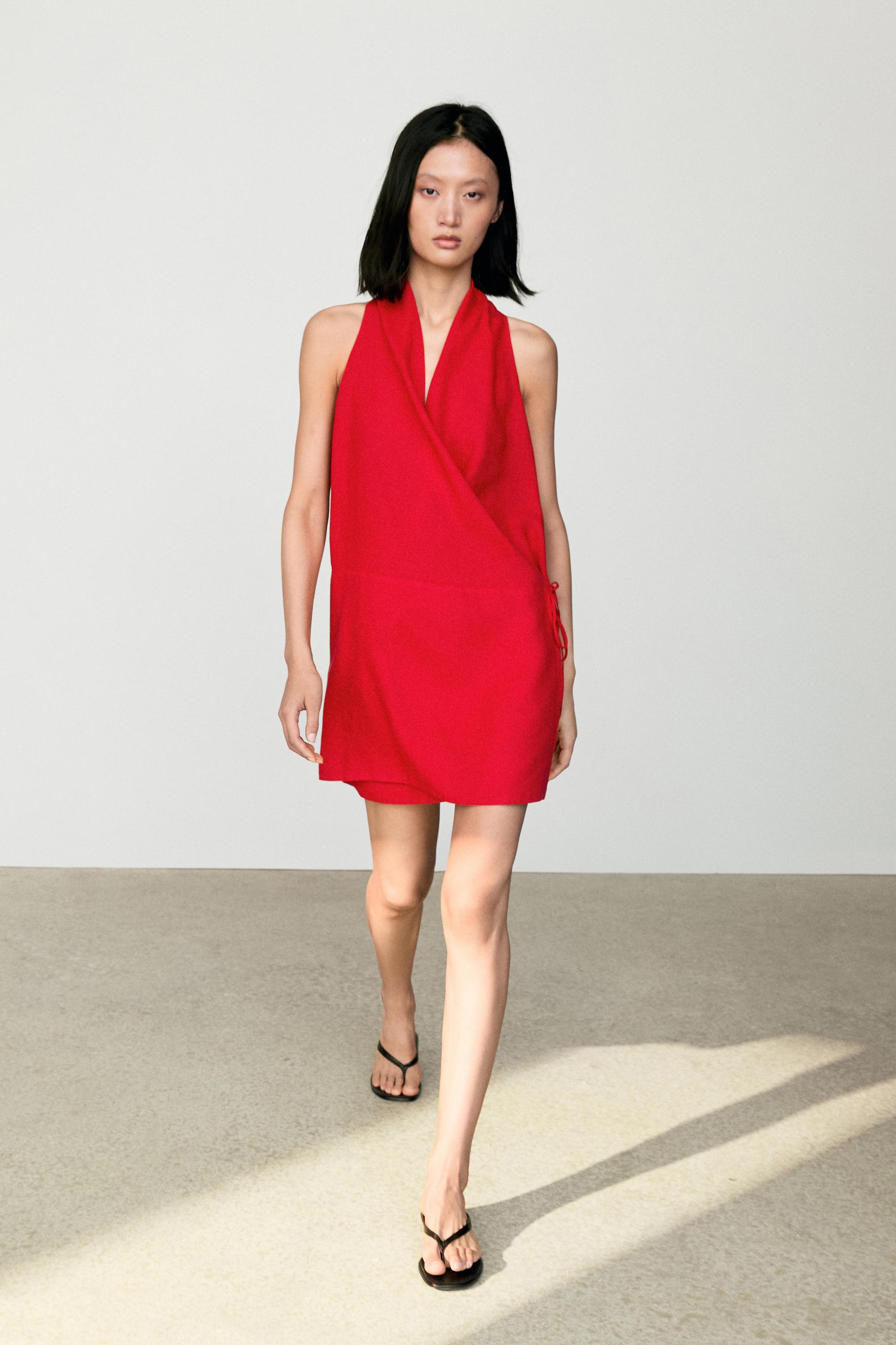 100% linen surplice mini dress Red