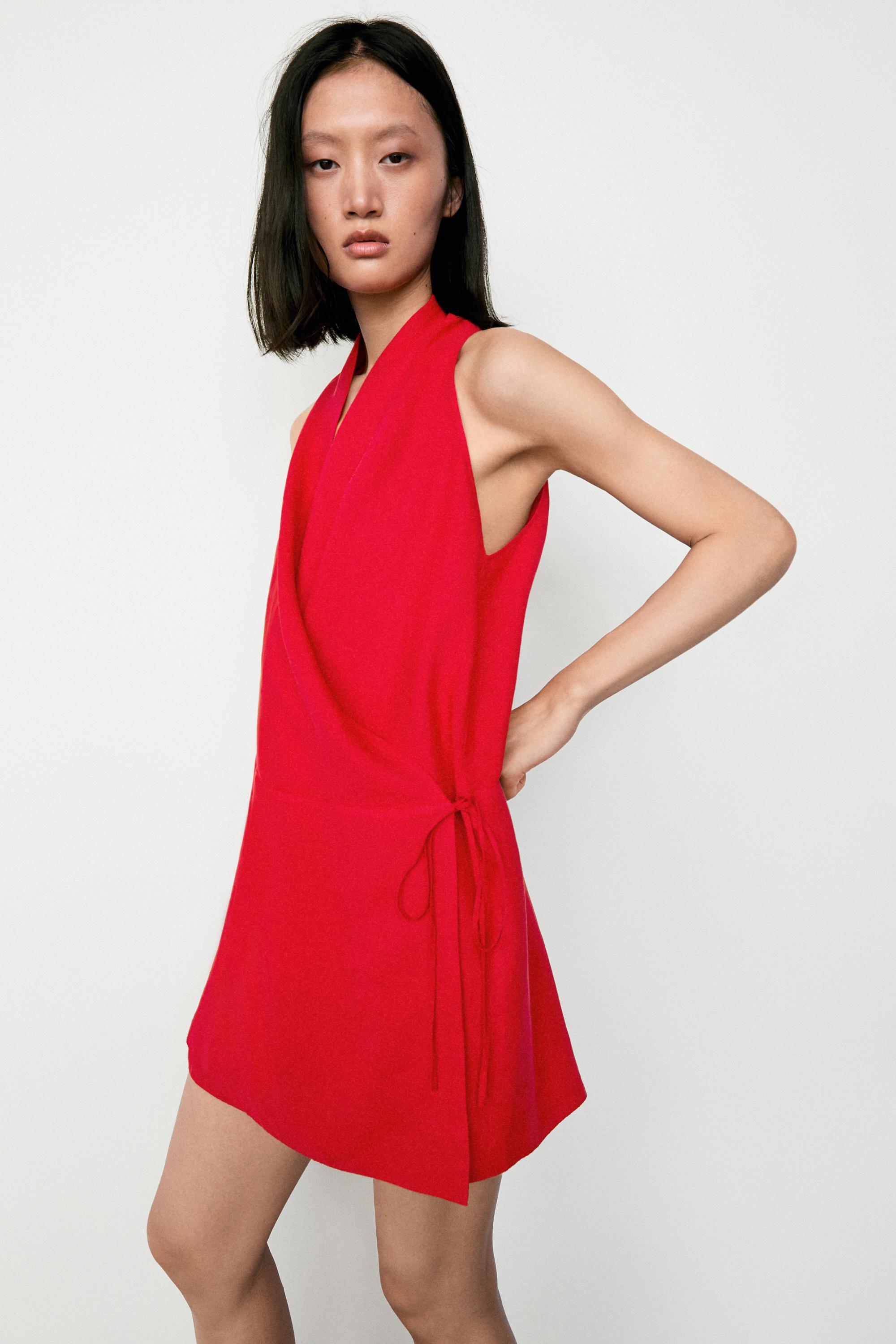 100% linen surplice mini dress Red