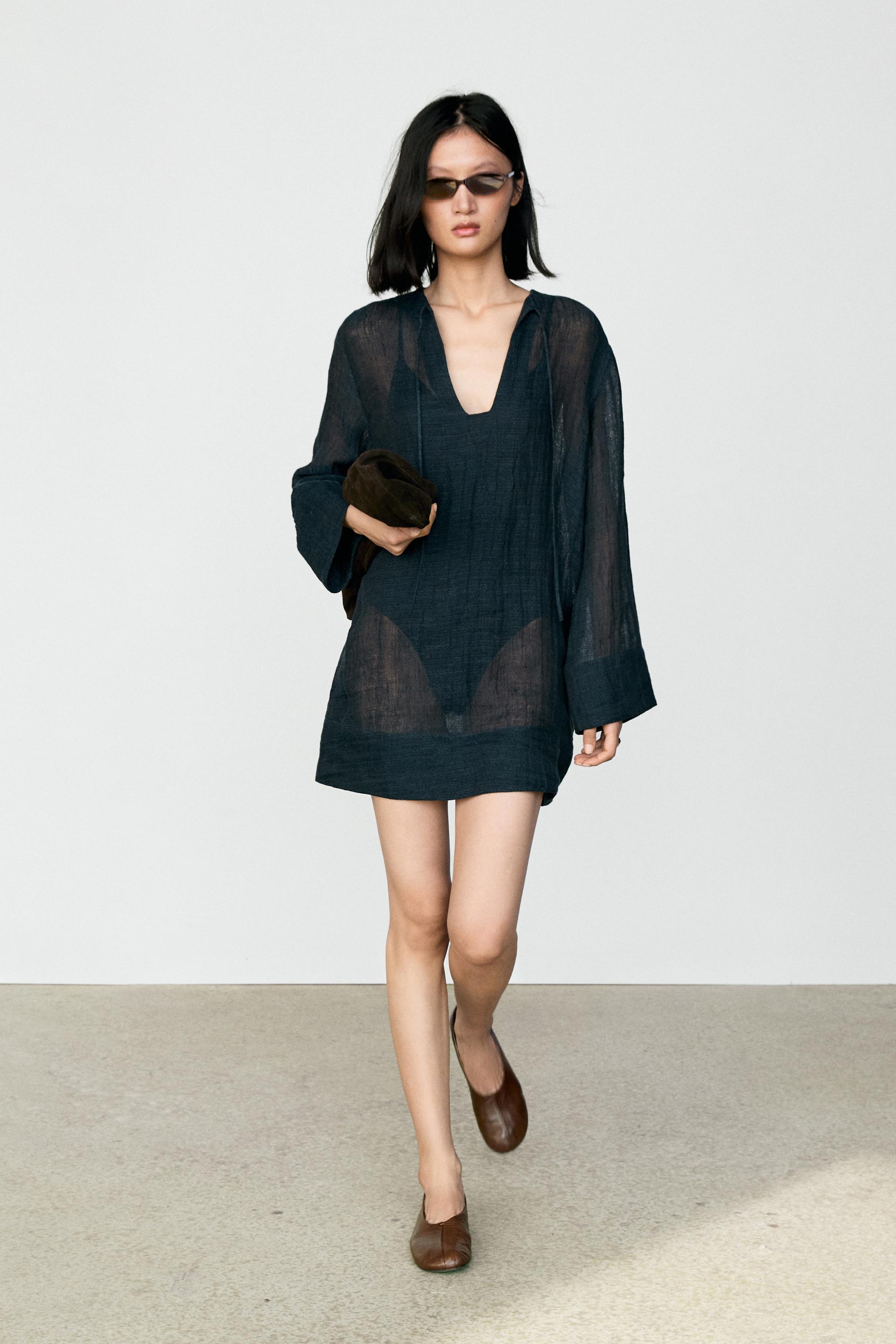 100% linen flowy mini dress Blue