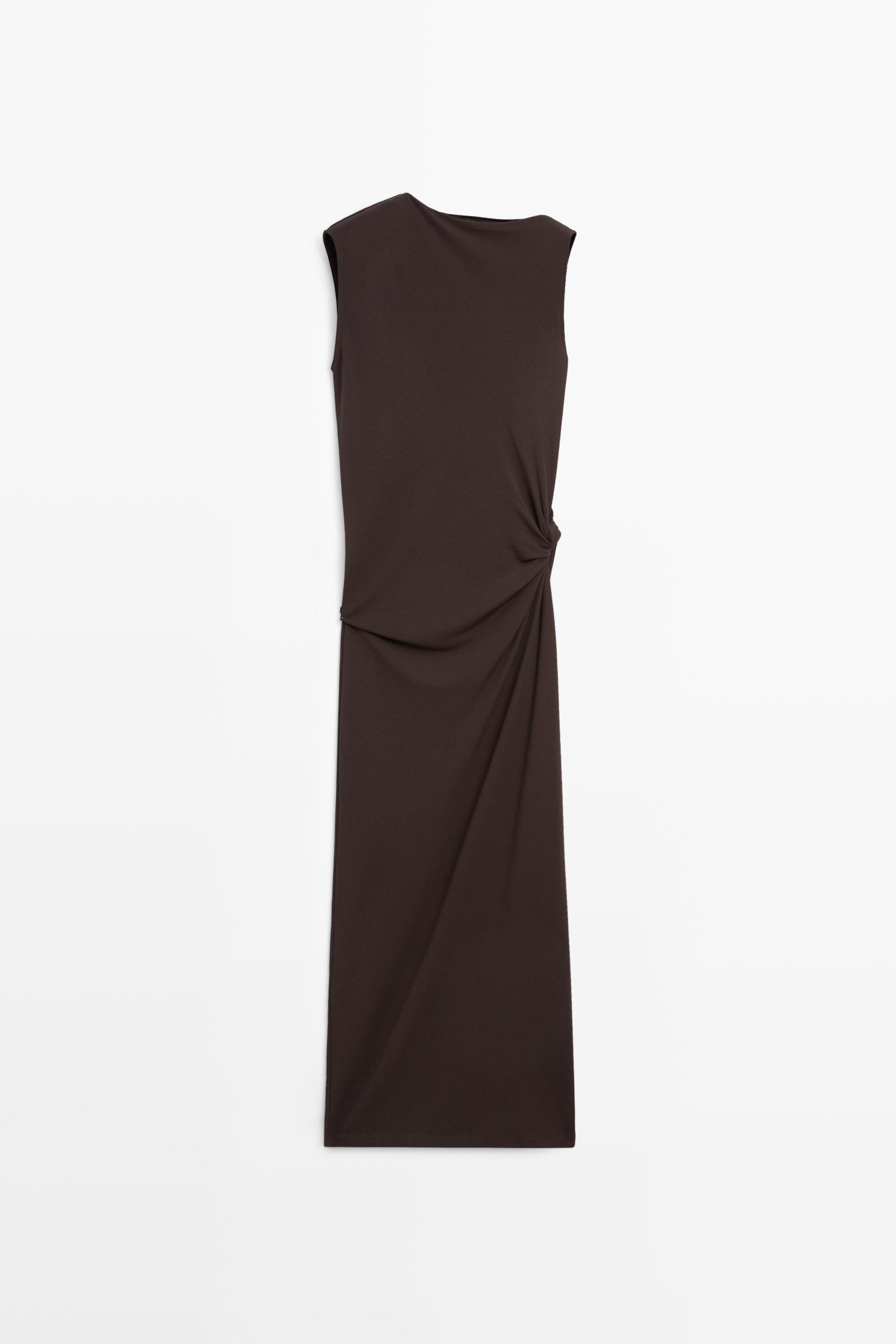 Asymmetric ruched midi dress Brown
