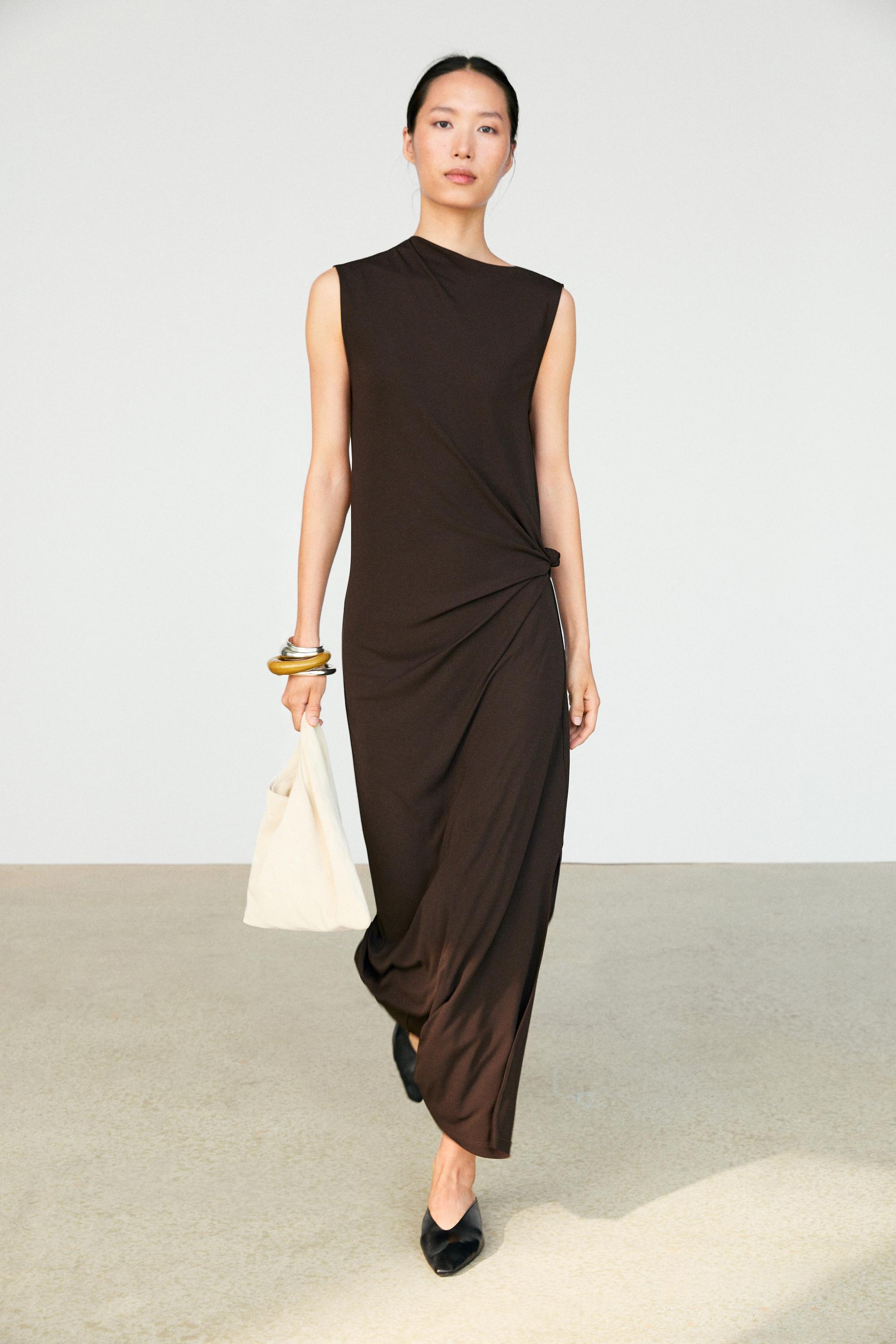 Asymmetric ruched midi dress Brown