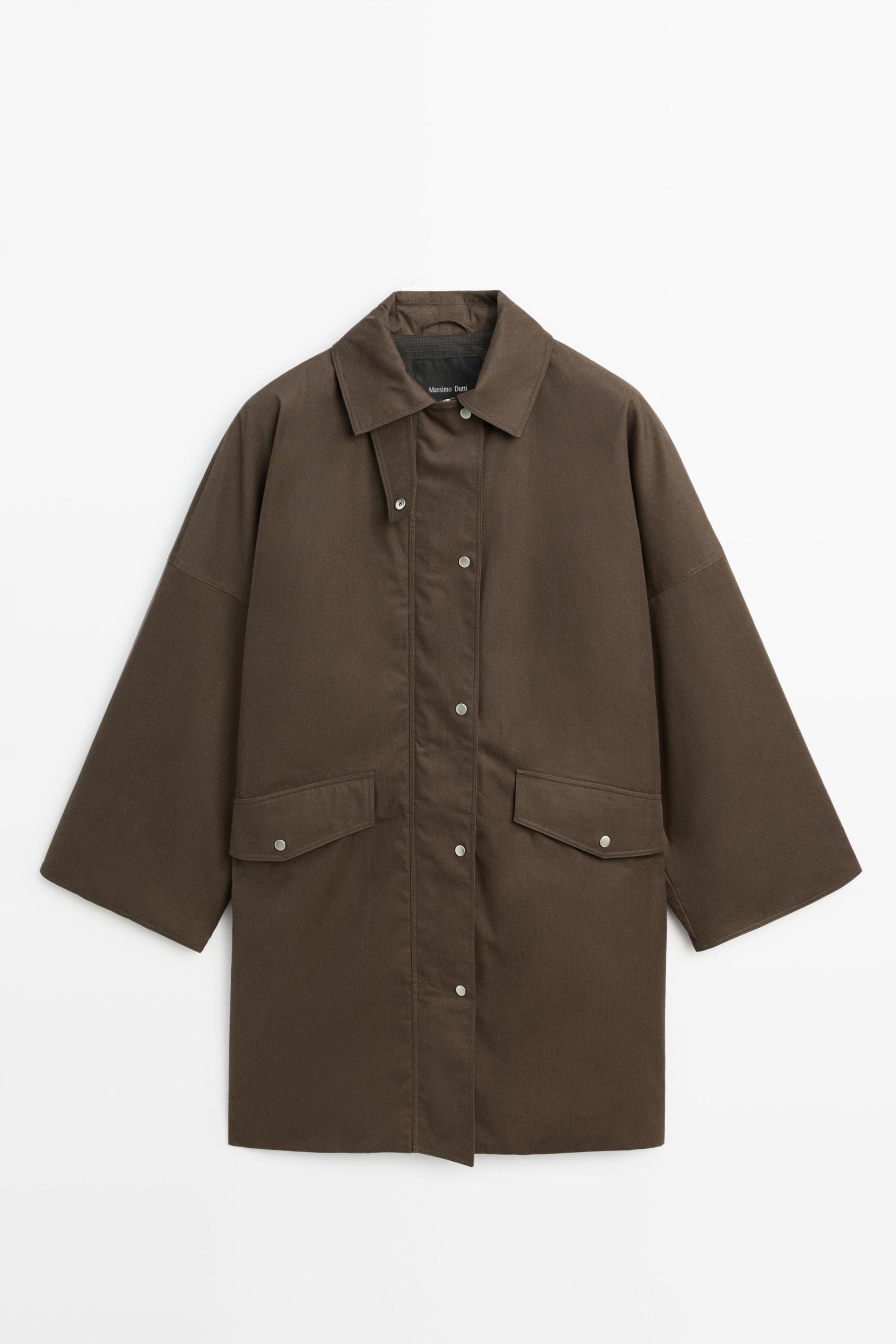 Waxed-effect parka with plaid lining Dark Olive Green