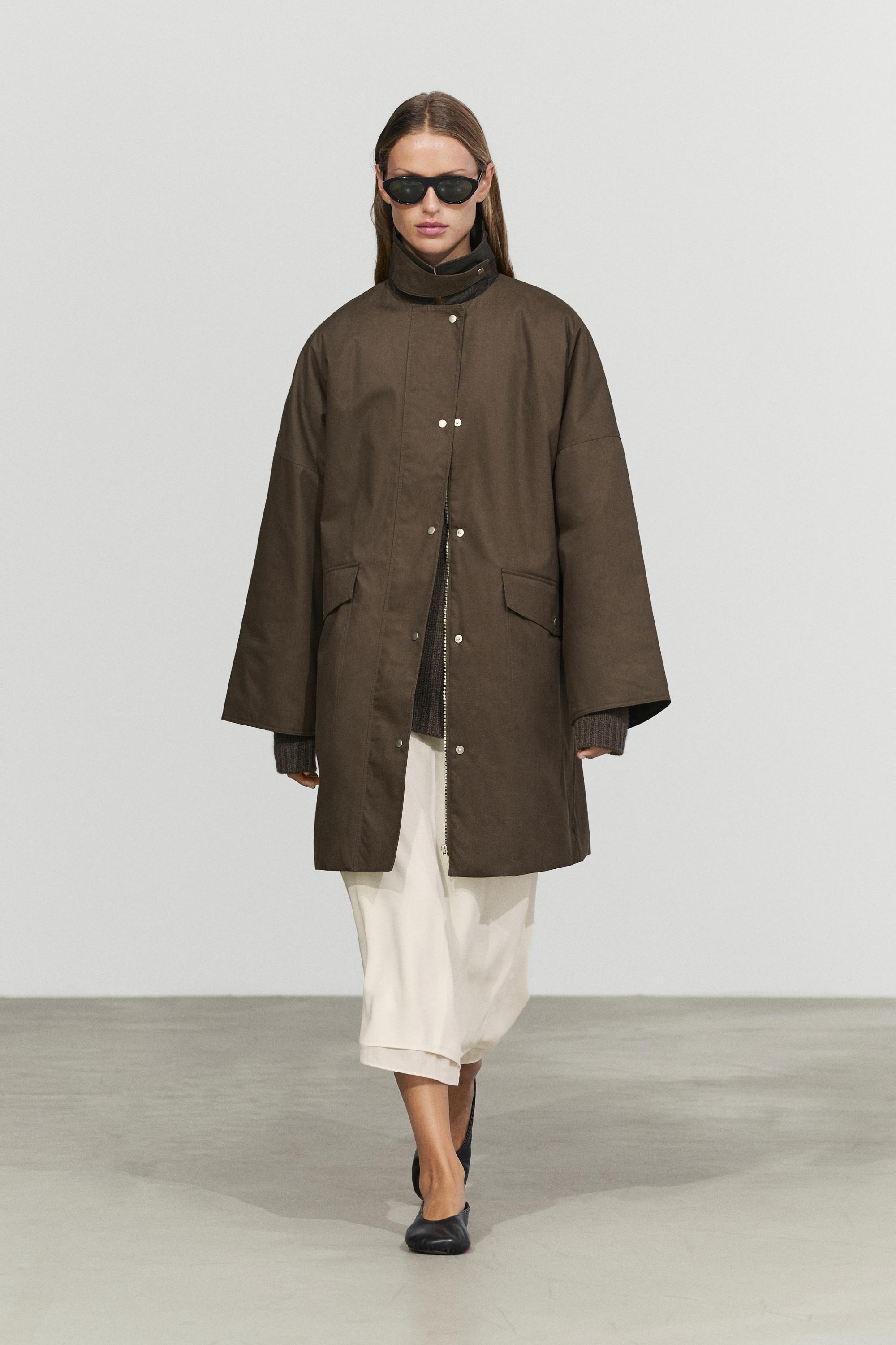 Waxed-effect parka with plaid lining Dark Olive Green