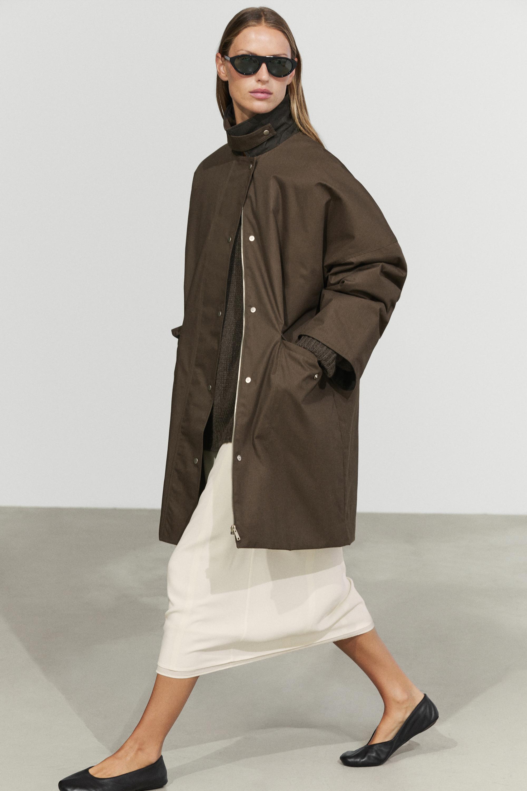 Waxed-effect parka with plaid lining Dark Olive Green
