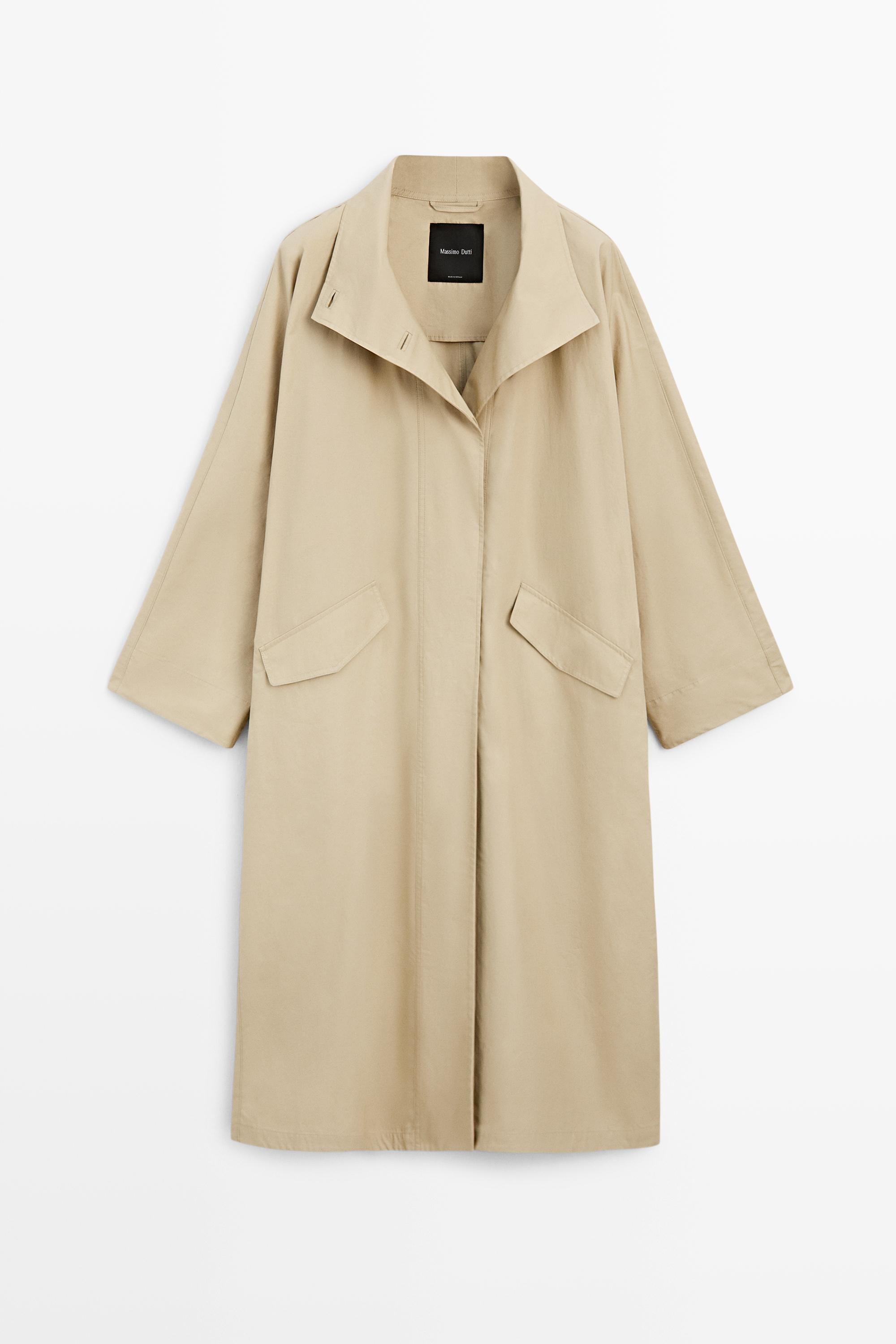 100% Cotton High-Neck Trench Coat Light Beige