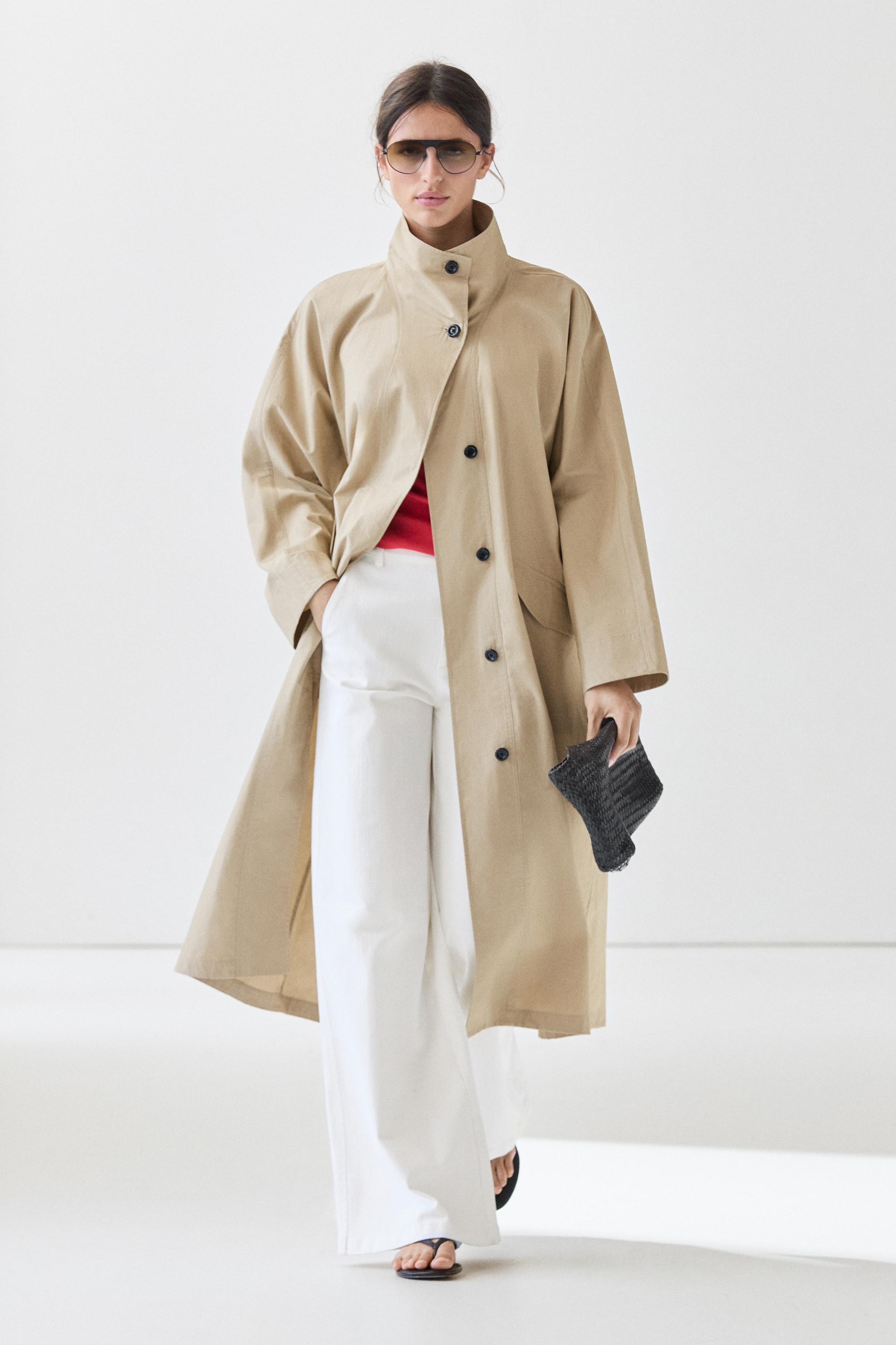 100% Cotton High-Neck Trench Coat Light Beige