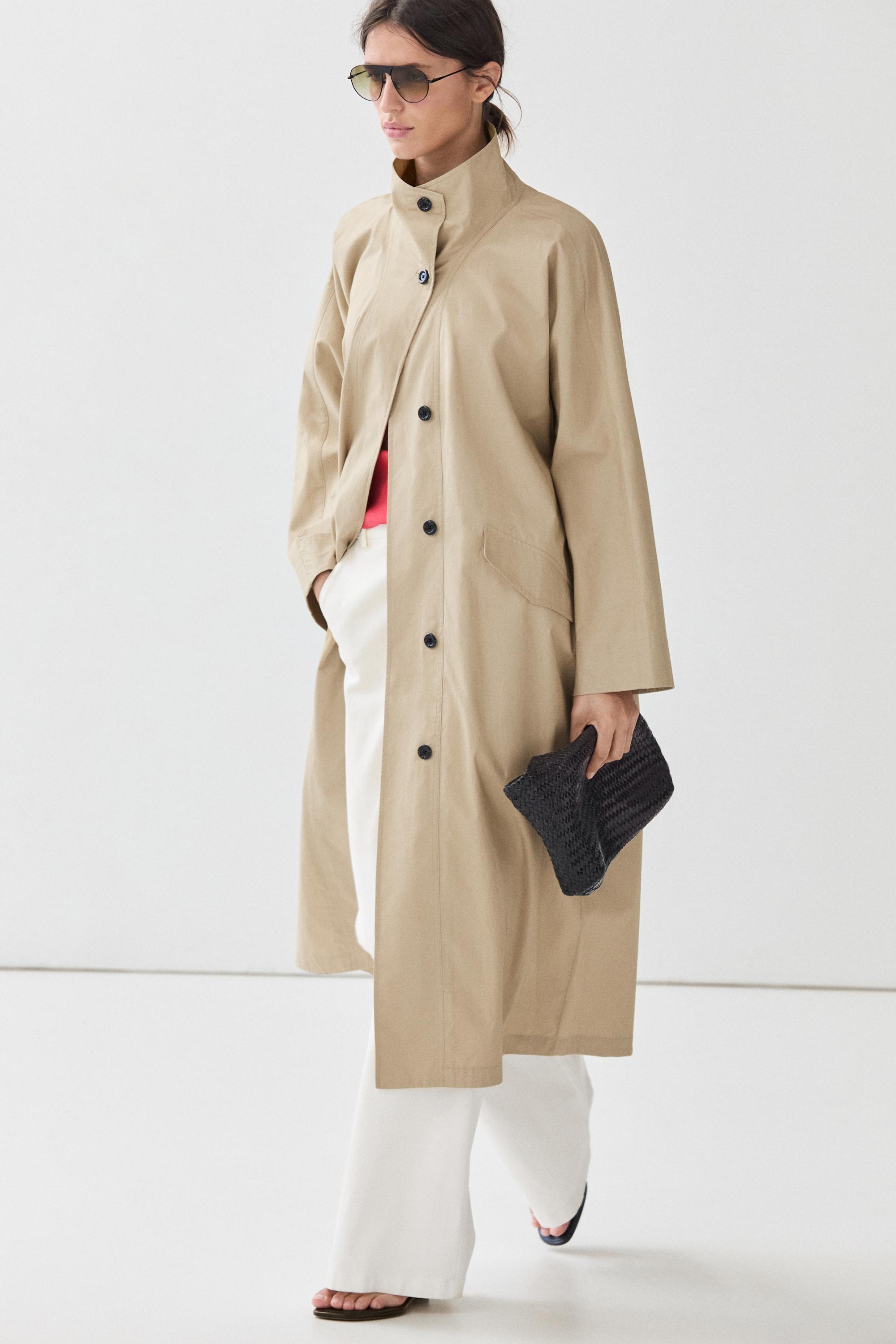 100% Cotton High-Neck Trench Coat Light Beige