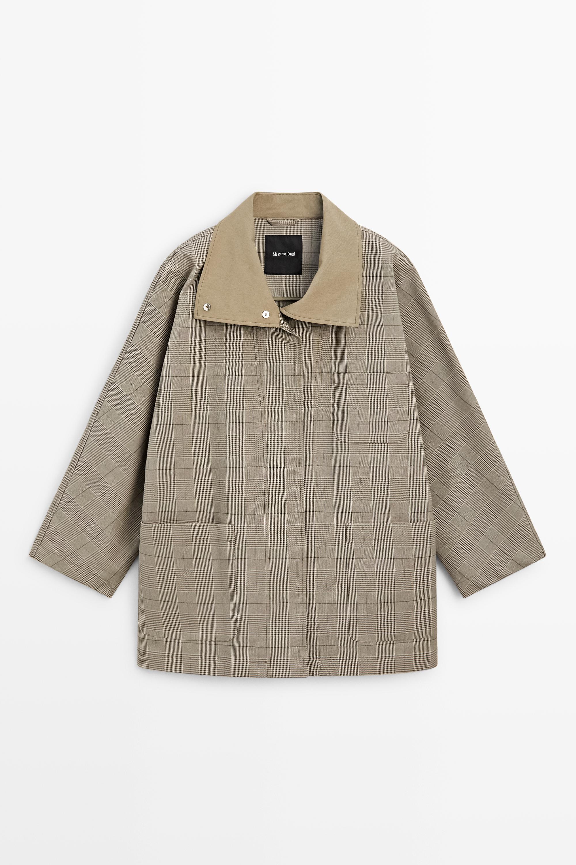 Cotton blend plaid high neck jacket Khaki