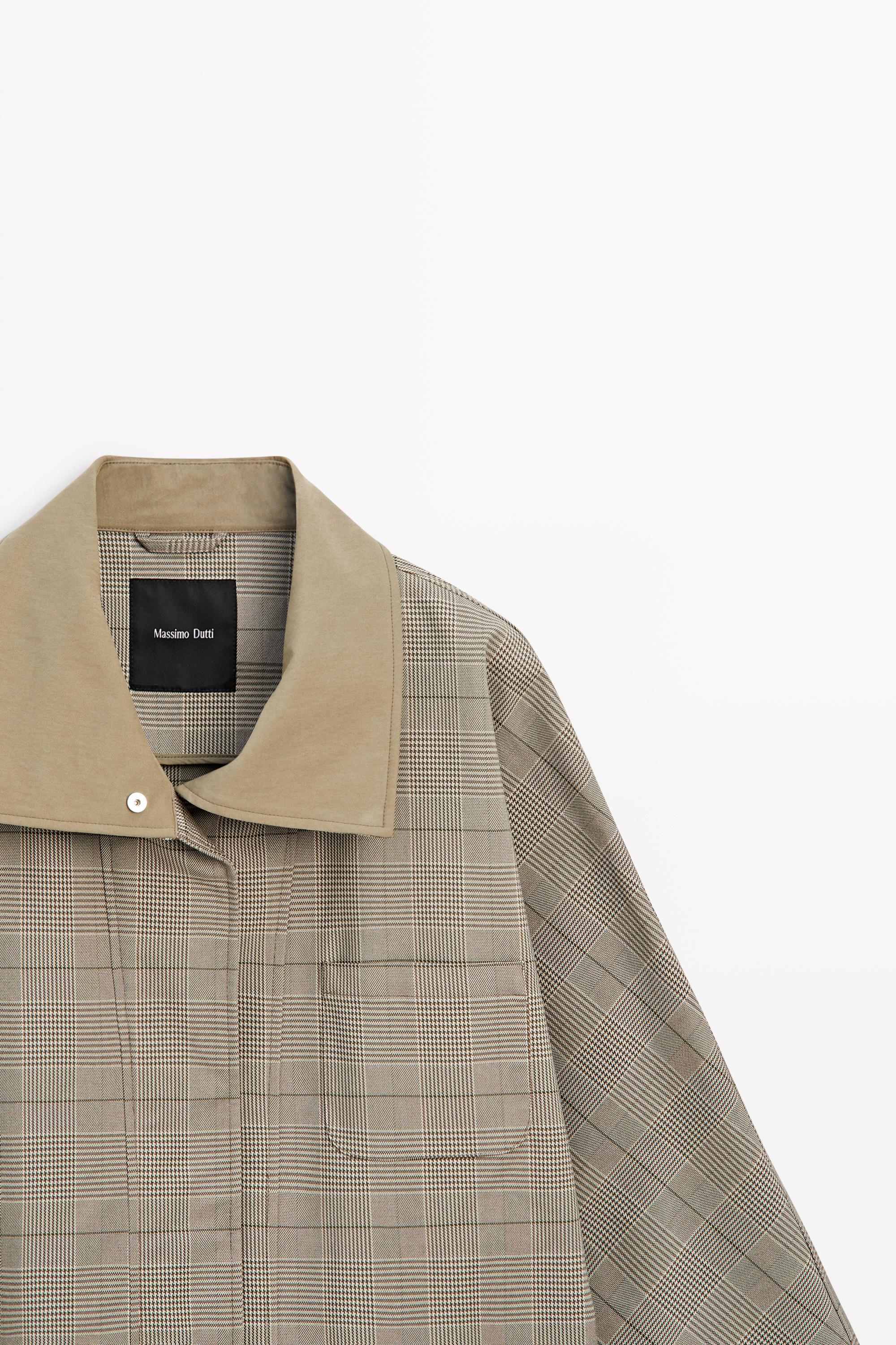 Cotton blend plaid high neck jacket Khaki